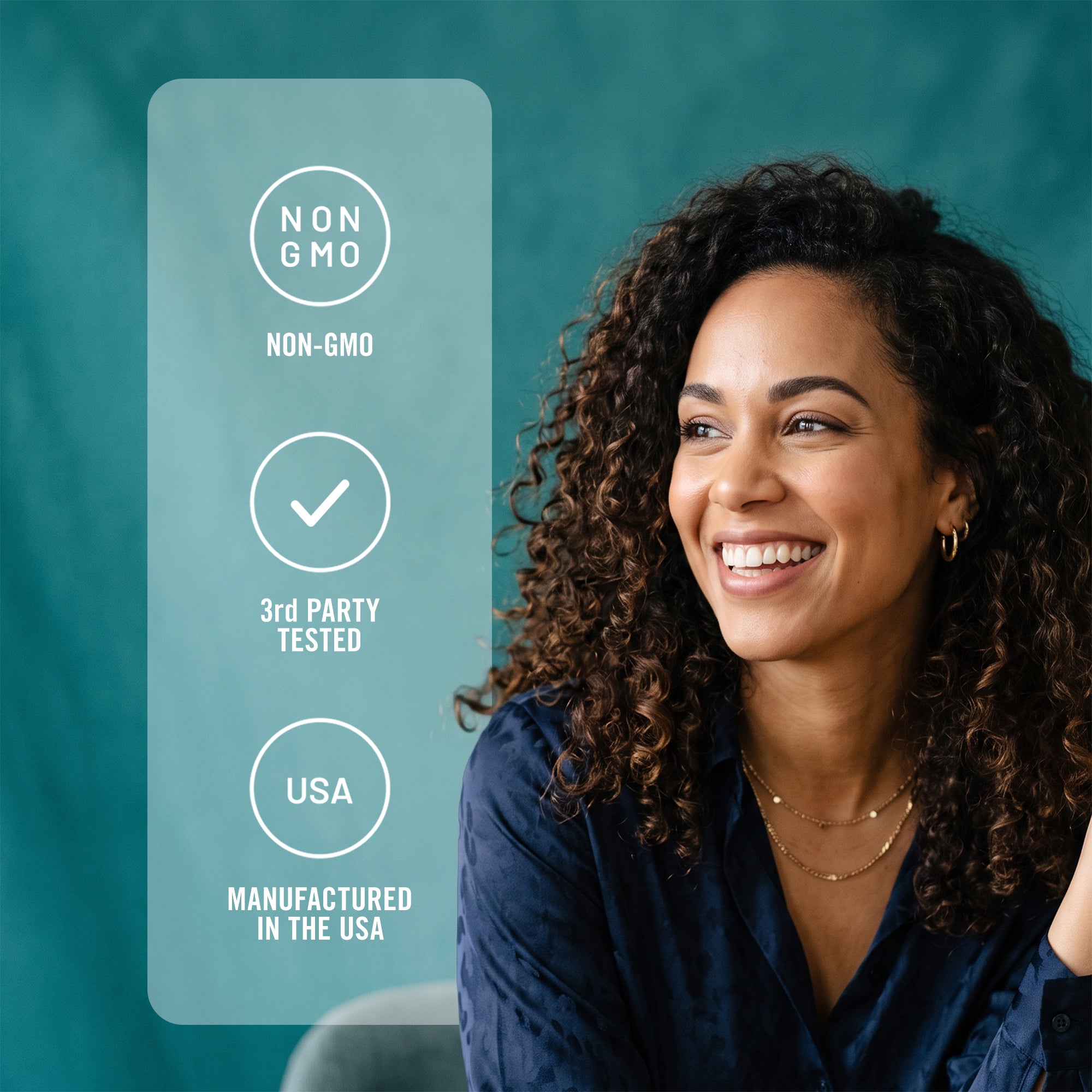 A smiling woman with curly hair looks off-camera next to a transparent graphic overlay with three certified icons. The icons list product attributes including non-GMO, third-party tested, and manufactured in the USA.