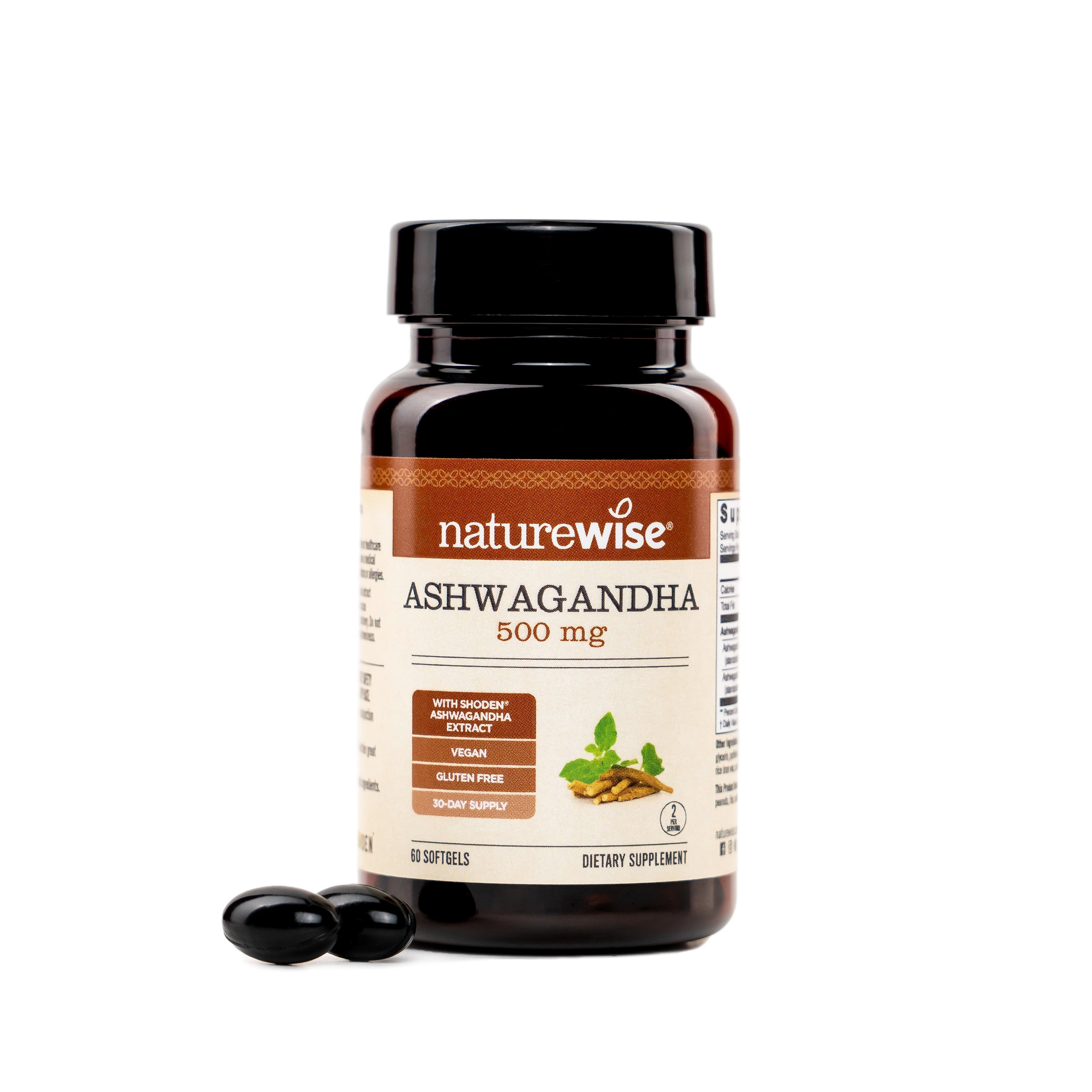 Naturewise Ashwagandha 500 mg  supplement bottle with 2 black softgels on a white background
