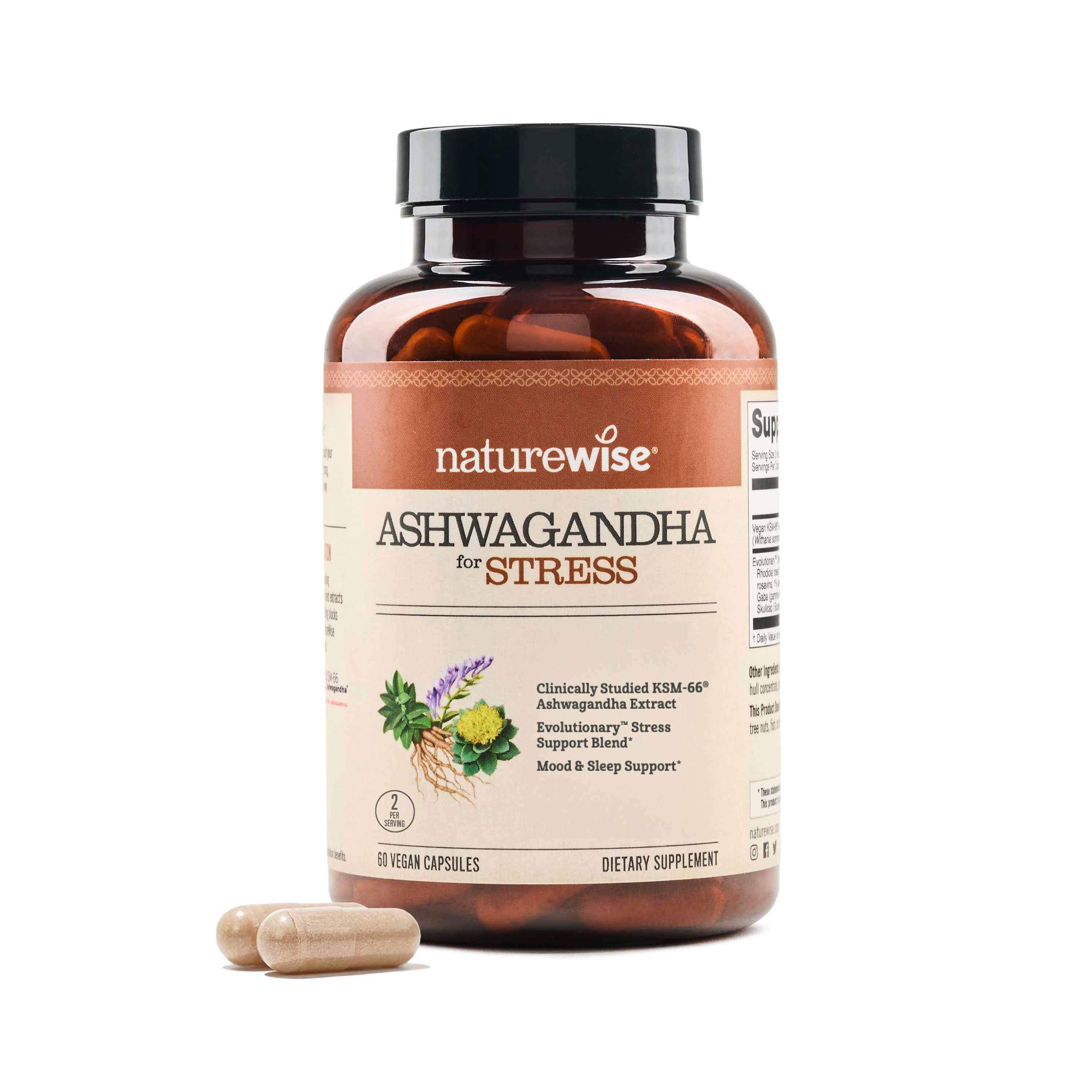 Naturewise Ashwagandha supplement bottle with capsules on a white background
