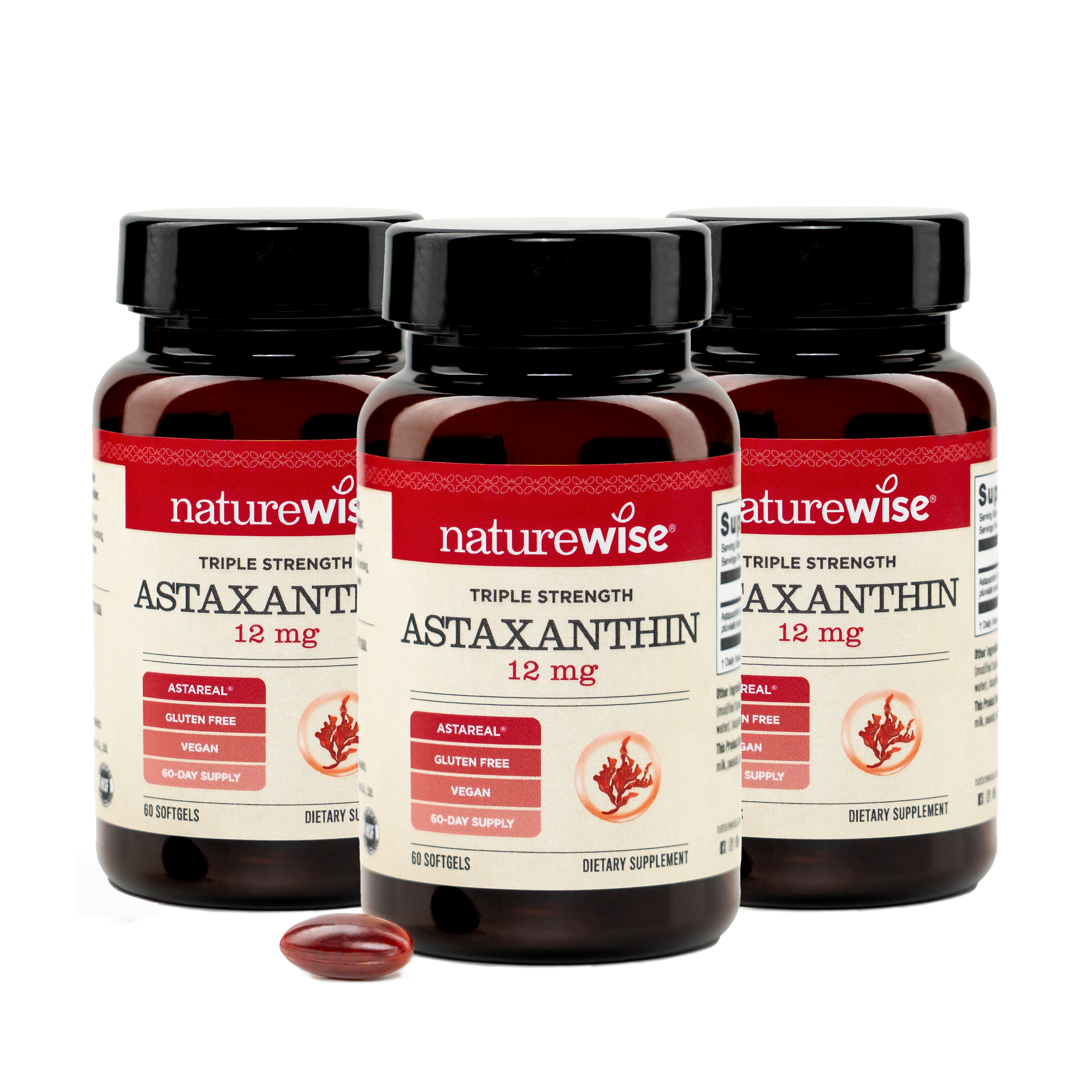 Three bottles of NatureWise Astaxanthin supplement 3 pack on a white background