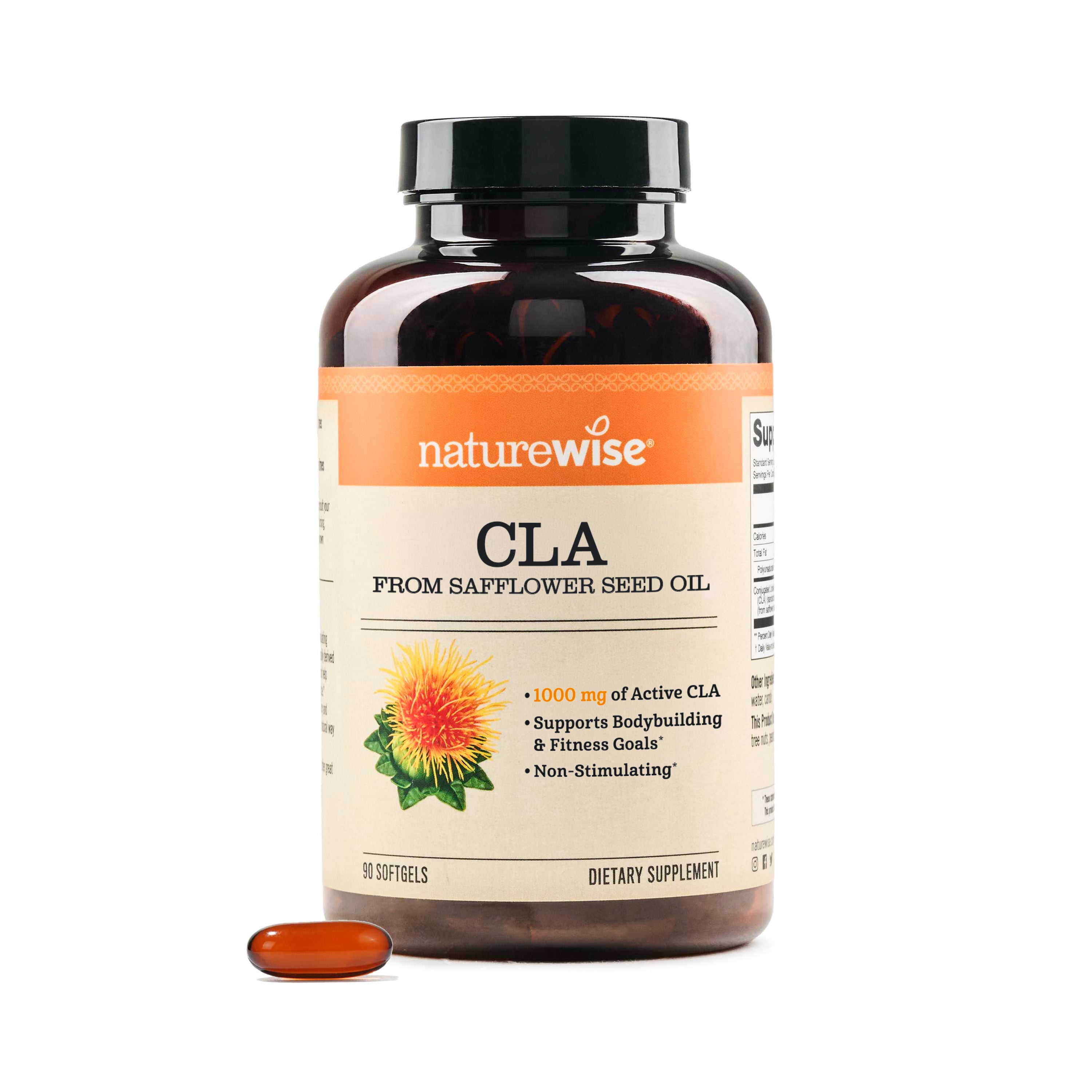 NatureWise CLA supplement bottle 1250mg 90 softgels with a white background