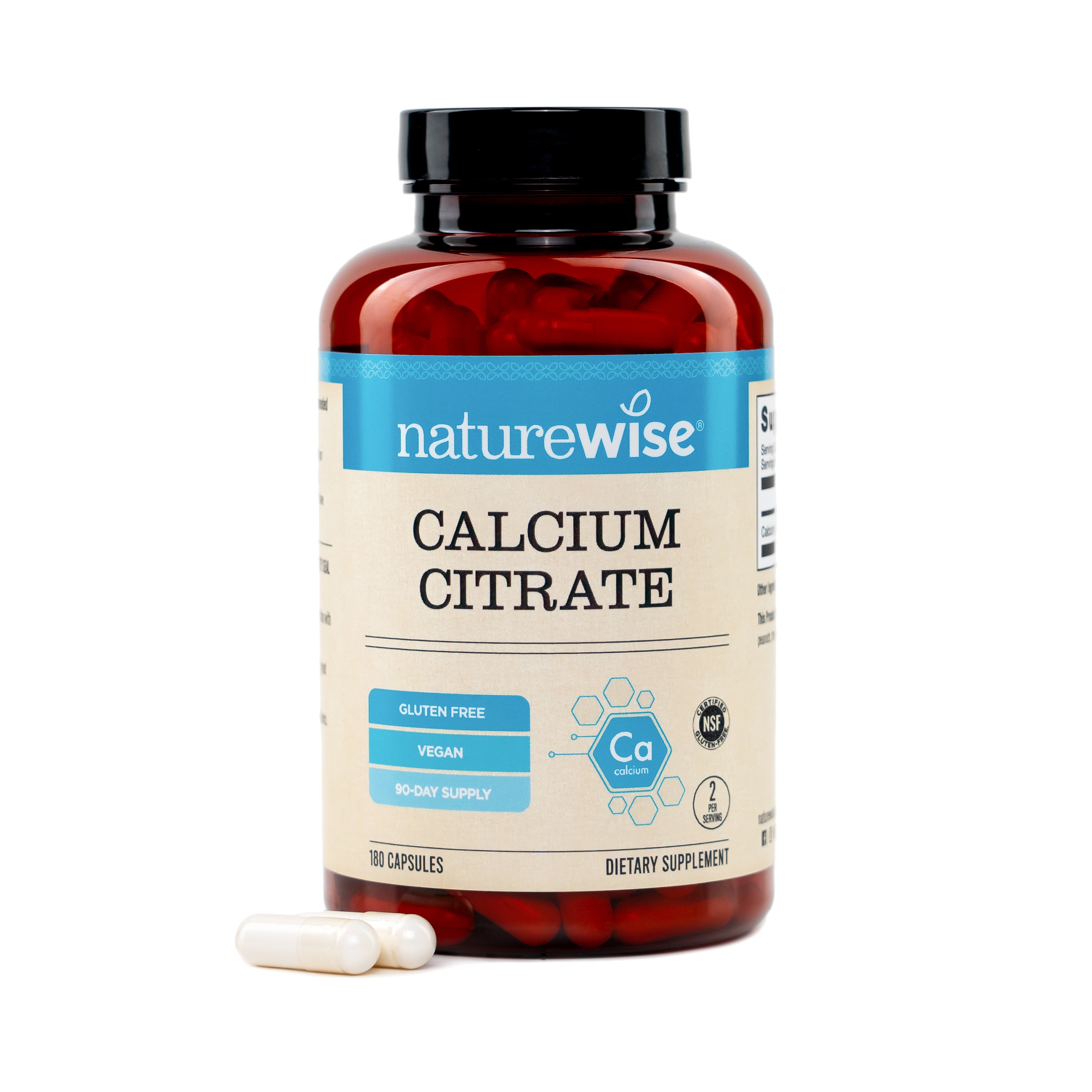 NatureWise Calcium Citrate 300 mg 180 Capsules supplement bottle with capsules on a white background