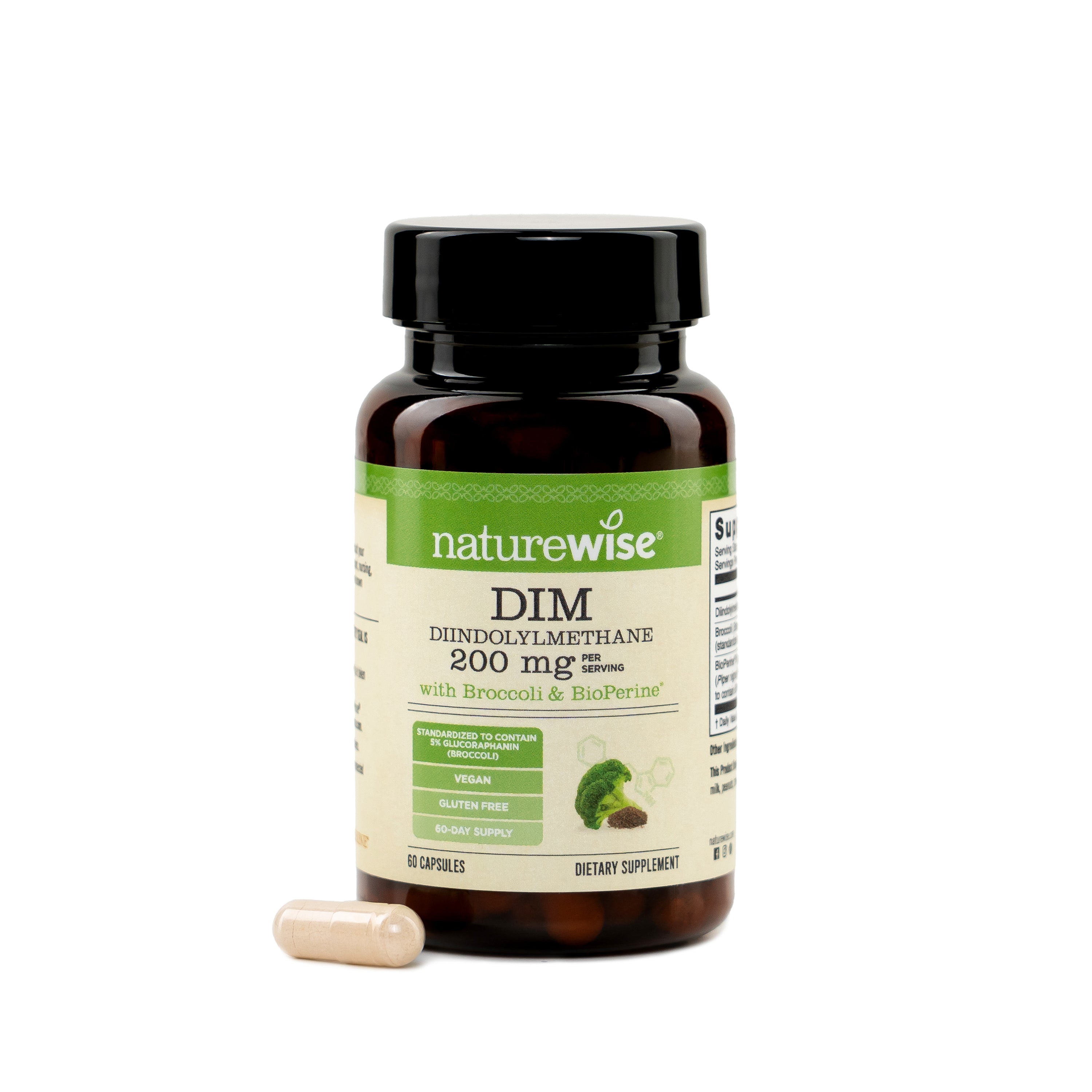 Naturewise DIM with Broccoli & Bioperine supplement bottle on a white background