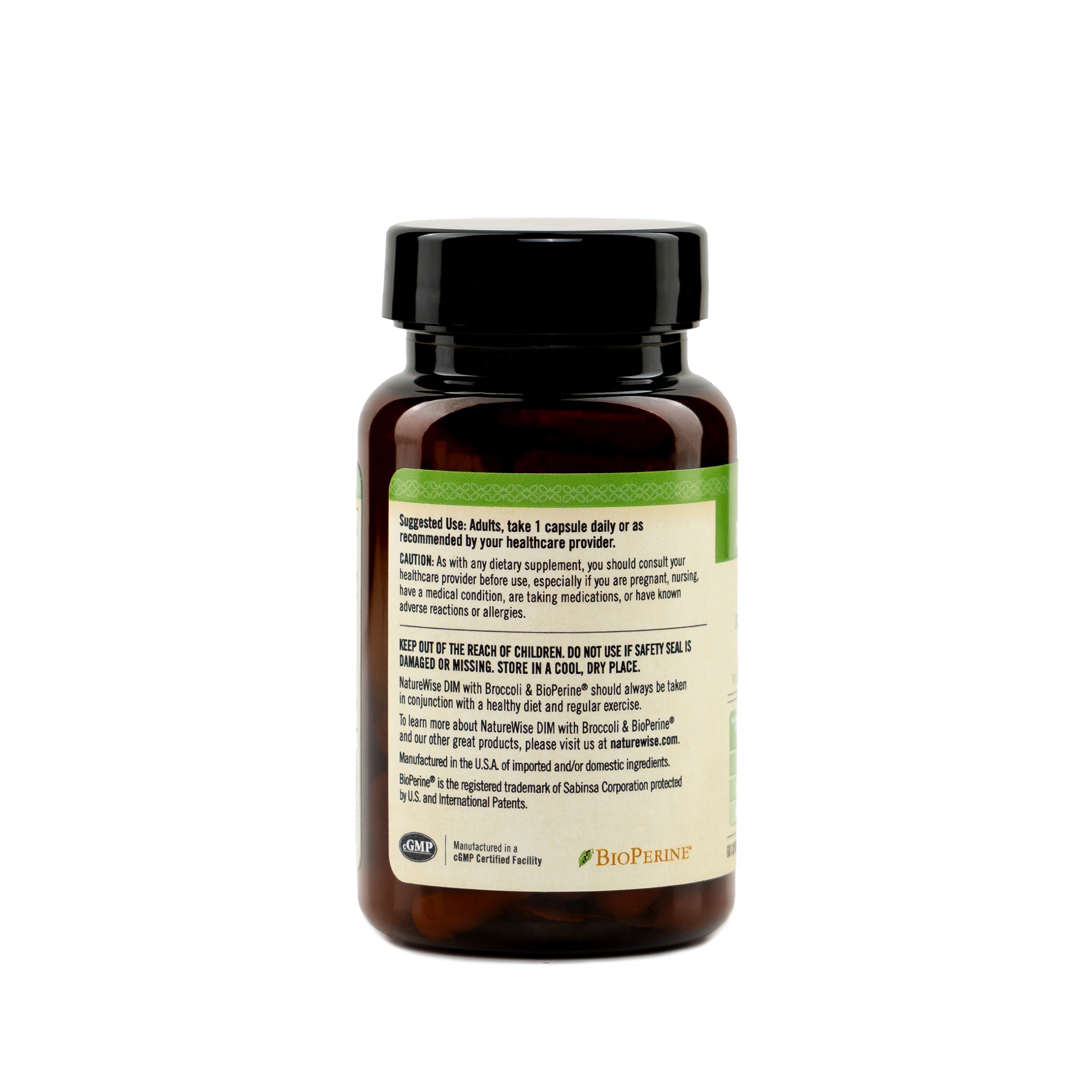 Naturewise DIM with Broccoli & Bioperine supplement bottle label indicating suggested use on a white background 