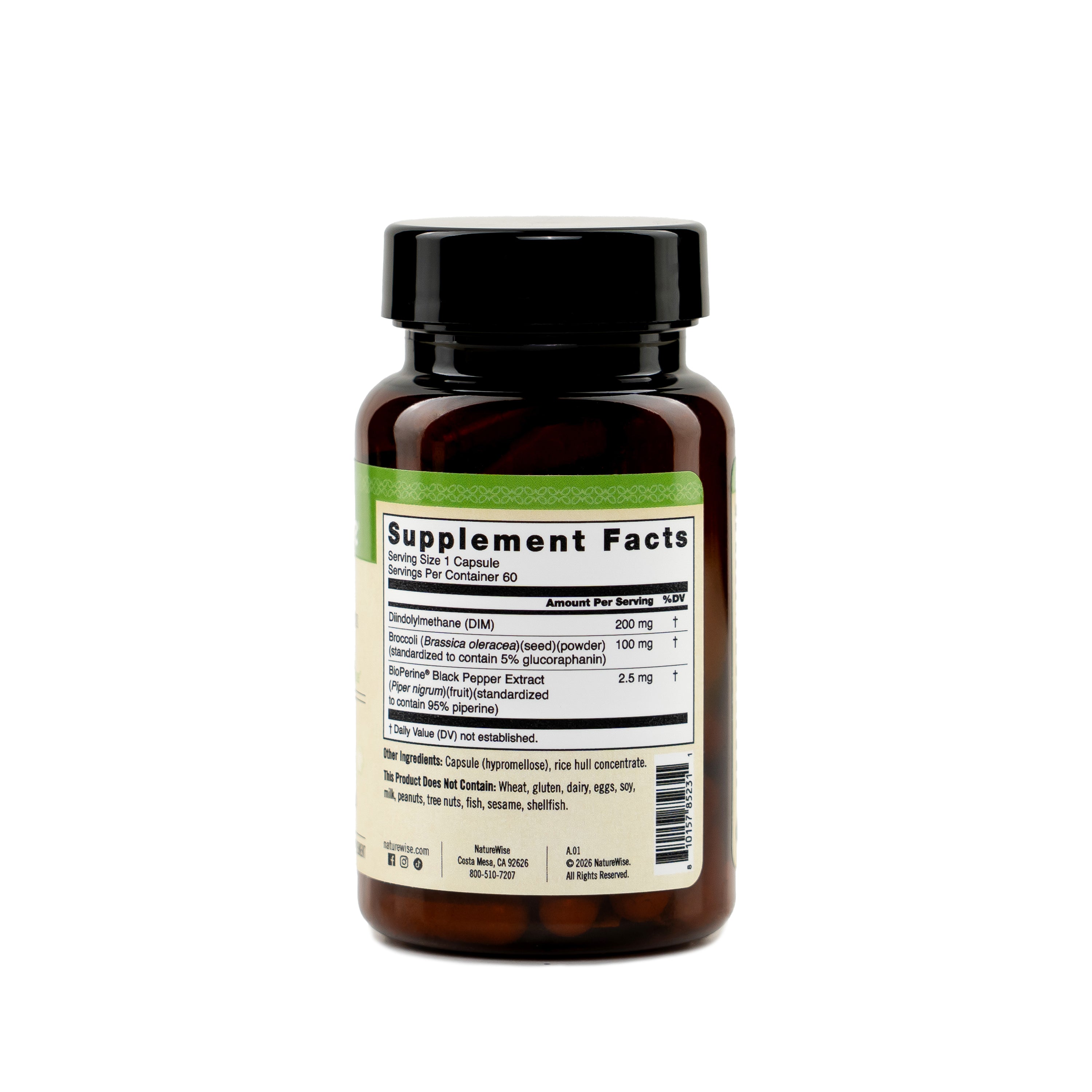 Naturewise DIM with Broccoli & Bioperine supplement bottle indicating supplement fact label on a white background