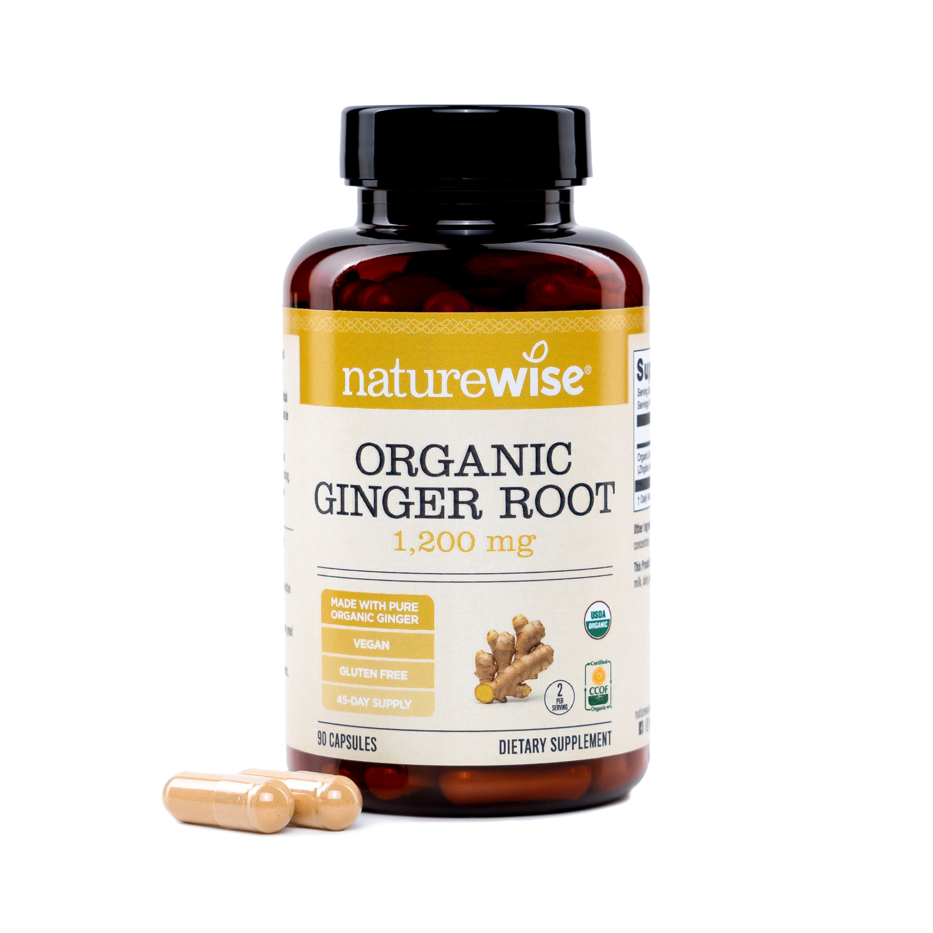 NatureWise Organic Ginger Root supplement bottle with capsules on a white background