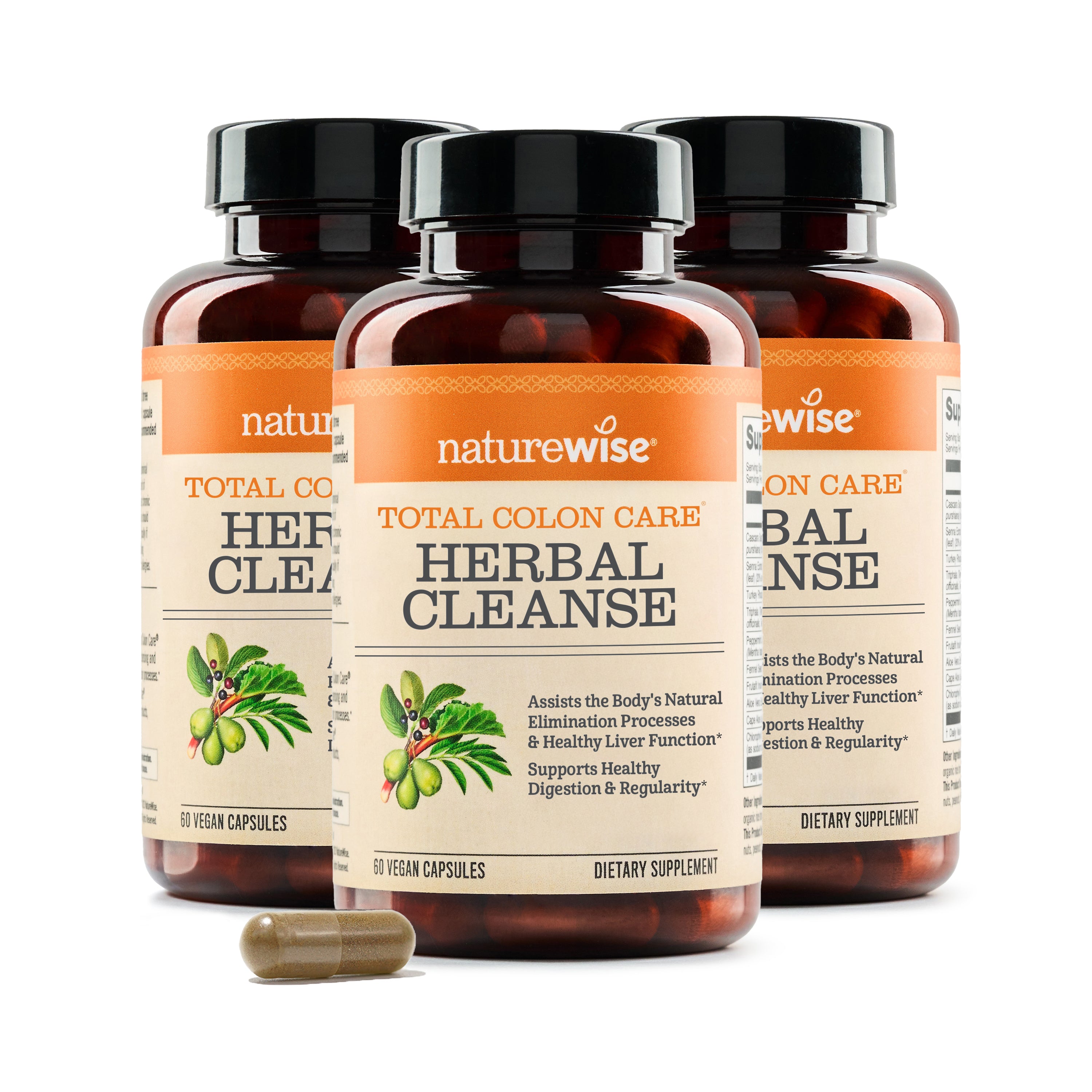 NatureWise Total Colon Care Herbal Cleanse 3-pack with 3 60 count bottles.