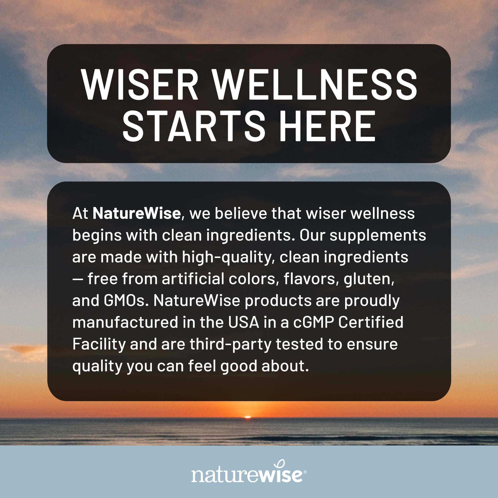 A promotional graphic with two black text boxes over a sunset ocean scene. The top box reads “WISER WELLNESS STARTS HERE,” and the lower box contains descriptive text about NatureWise supplement ingredients, manufacturing, and third-party testing.