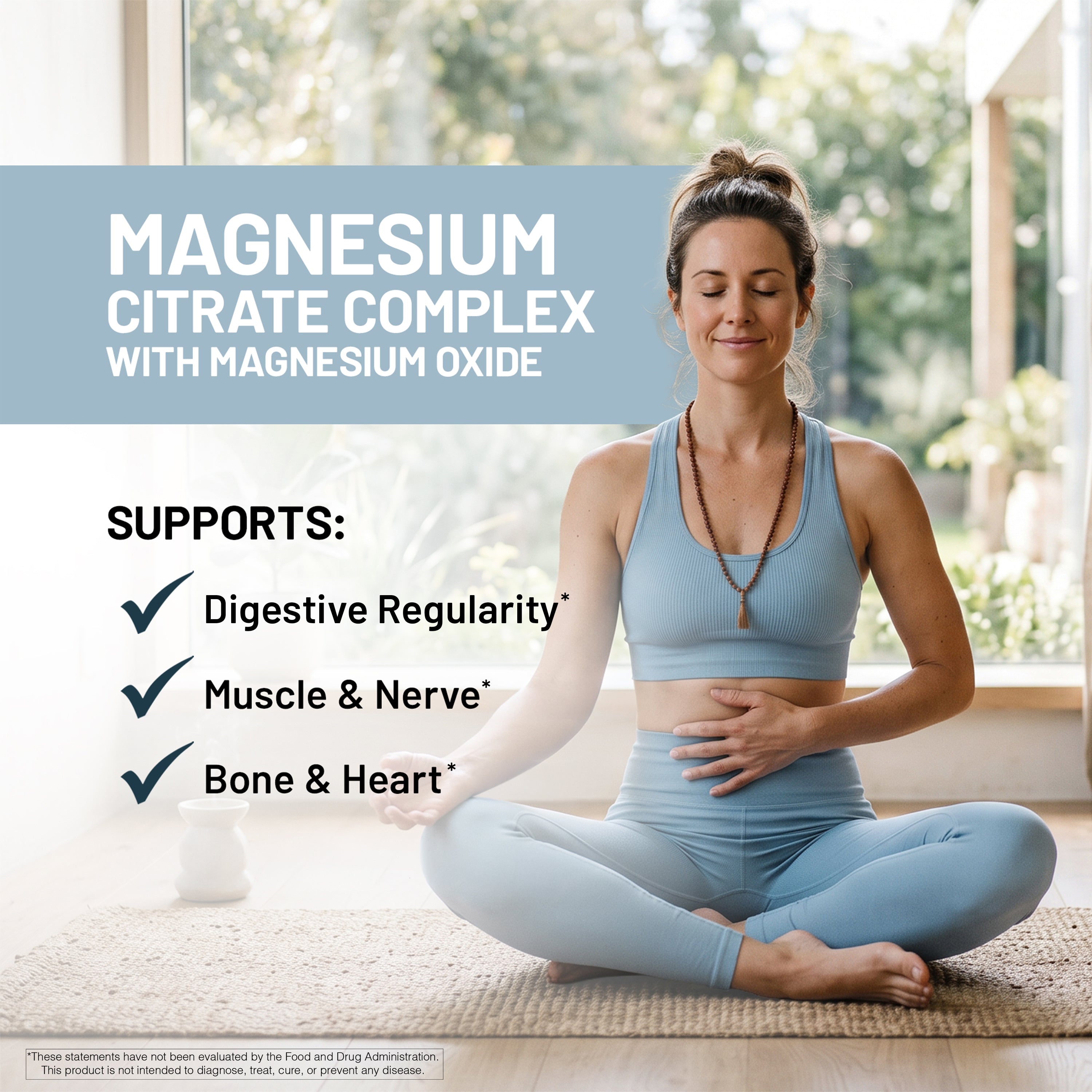 A woman in a light blue activewear set sits cross-legged on a woven rug in a bright indoor setting, with text overlays reading 'MAGNESIUM CITRATE COMPLEX WITH MAGNESIUM OXIDE' and bullet points about digestive regularity, muscle and nerve support, and bone and heart support.