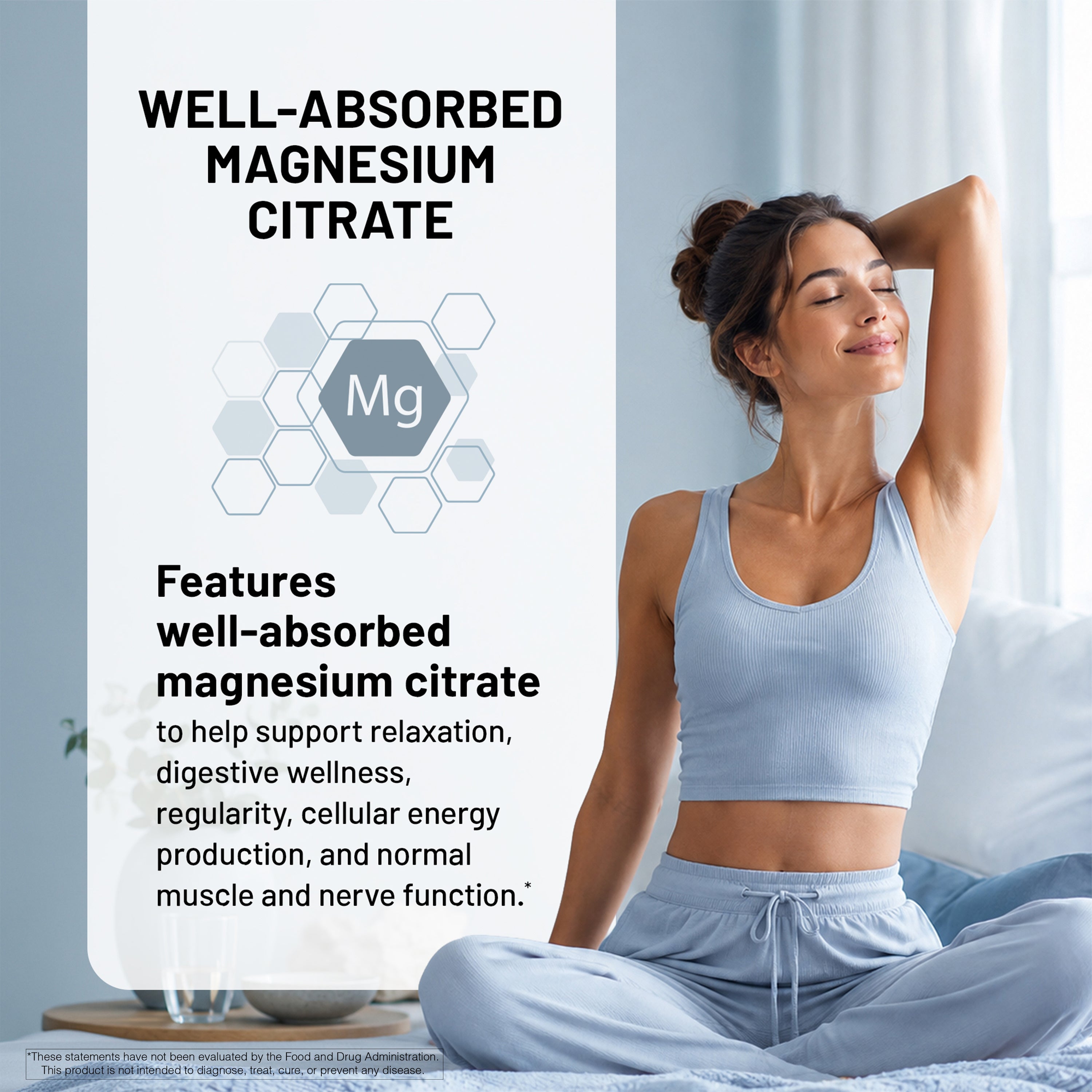 A woman in a light blue workout set sits cross-legged on a bed, stretching her arm overhead with a relaxed expression. A large text panel on the left reads 'WELL-ABSORBED MAGNESIUM CITRATE' with an 'Mg' icon and additional product benefits.