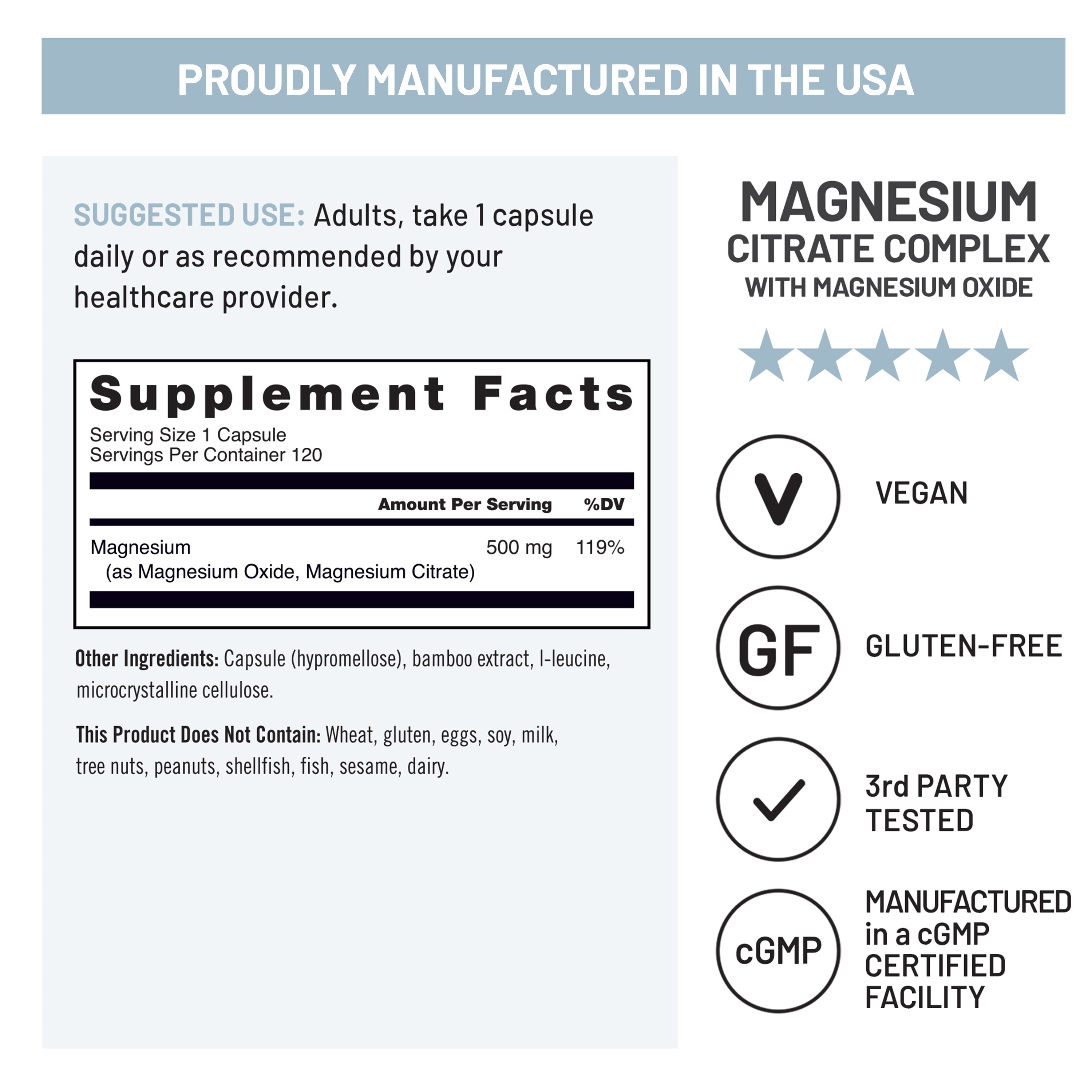 An informational product graphic for NatureWise Magnesium Citrate Complex capsules. The design features a light blue header reading 'PROUDLY MANUFACTURED IN THE USA' and a white background with text detailing suggested use, a mock 'Supplement Facts' label, and certification badges including 'Vegan', 'Gluten-Free', '3rd Party Tested', and 'cGMP'.