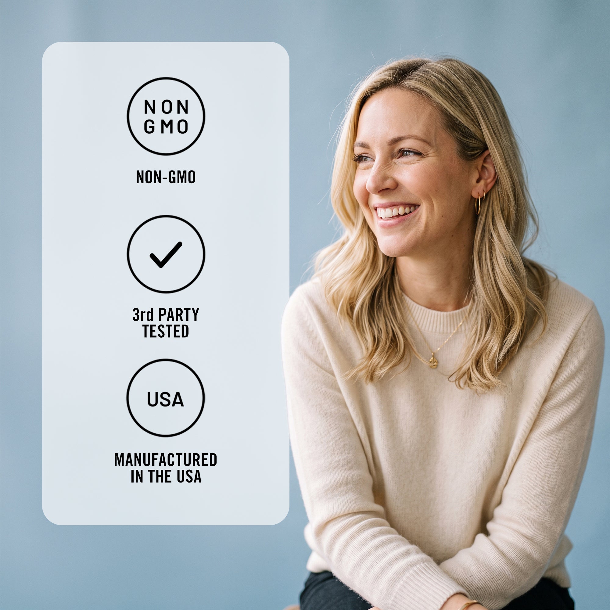 A smiling blonde woman in a cream knit sweater sits against a light blue background next to a white card with text reading 'NON GMO', '3rd PARTY TESTED', and 'MANUFACTURED IN THE USA'.