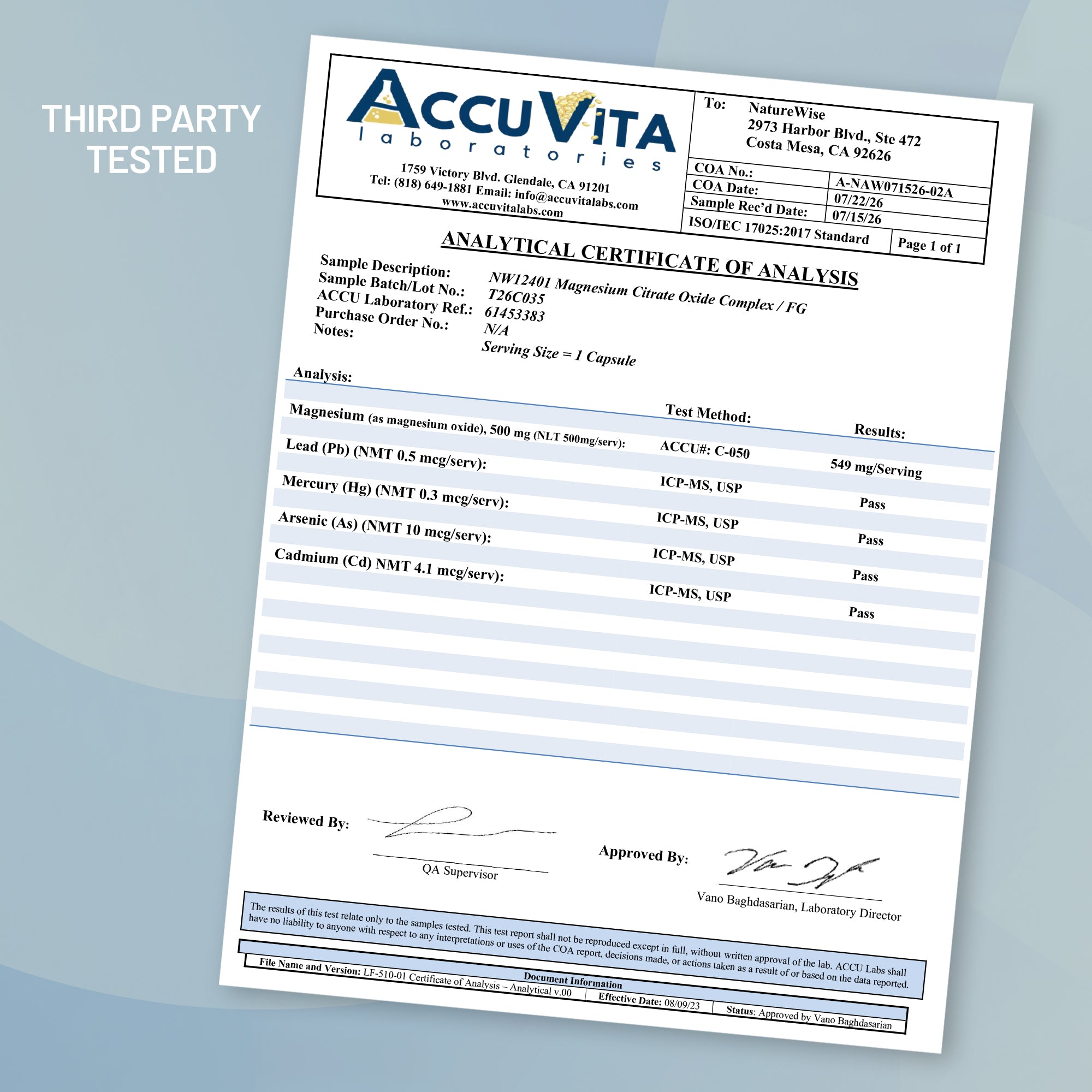 An AccuVita Laboratories analytical certificate document shown at an angle on a light blue background, with a white text overlay reading 'THIRD PARTY TESTED' for NatureWise Magnesium Citrate capsules