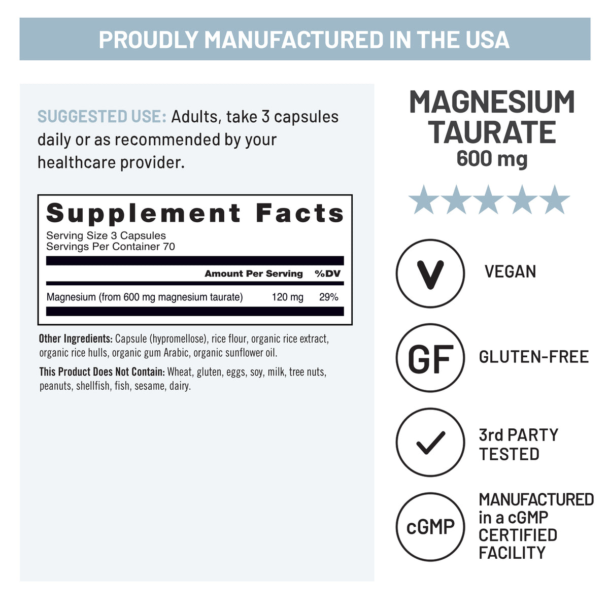 An informational product graphic for Magnesium Taurate 600 mg. The top header reads 'PROUDLY MANUFACTURED IN THE USA.