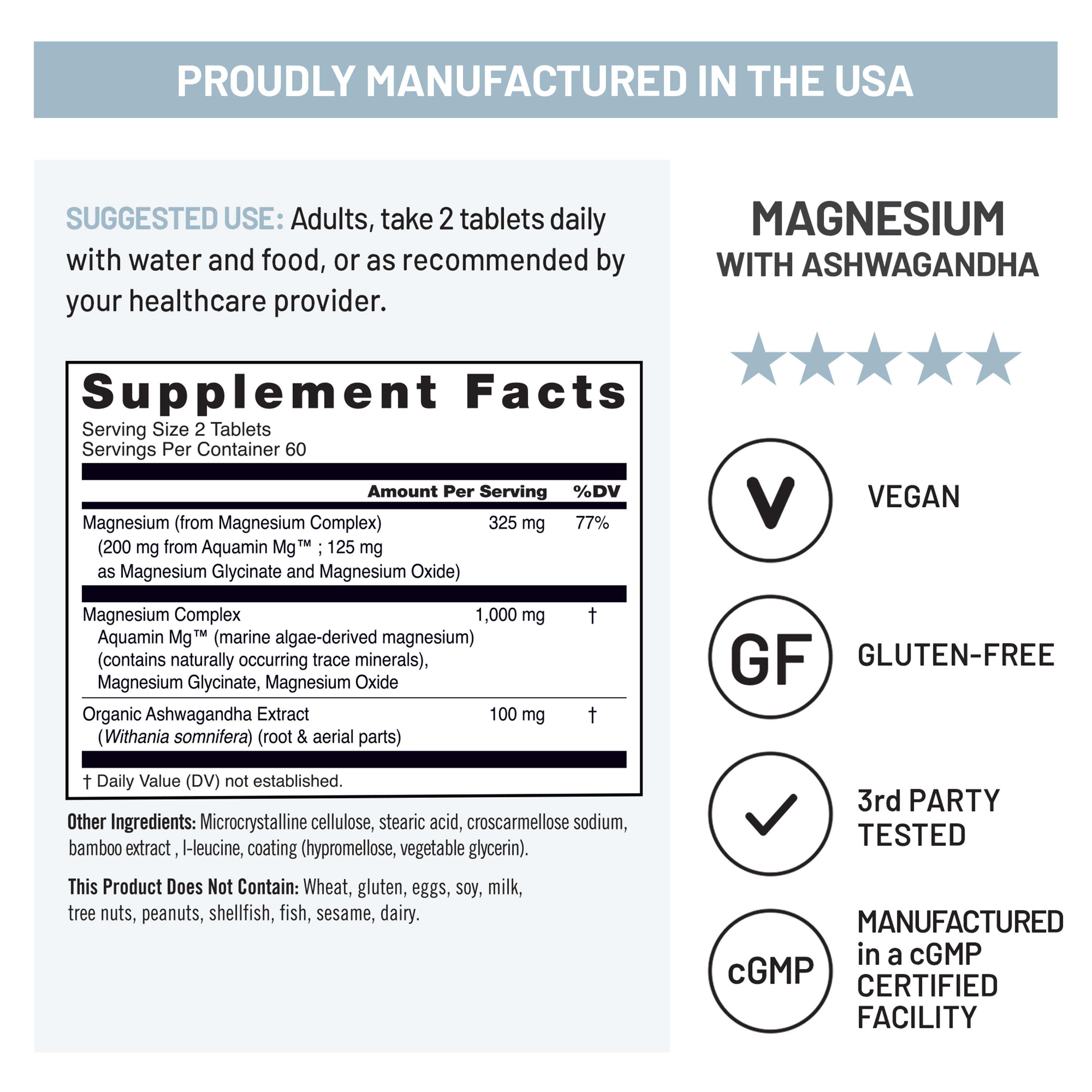Supplement label for NatureWise magnesium with ashwagandha, highlighting manufacturing details and supplement facts.
