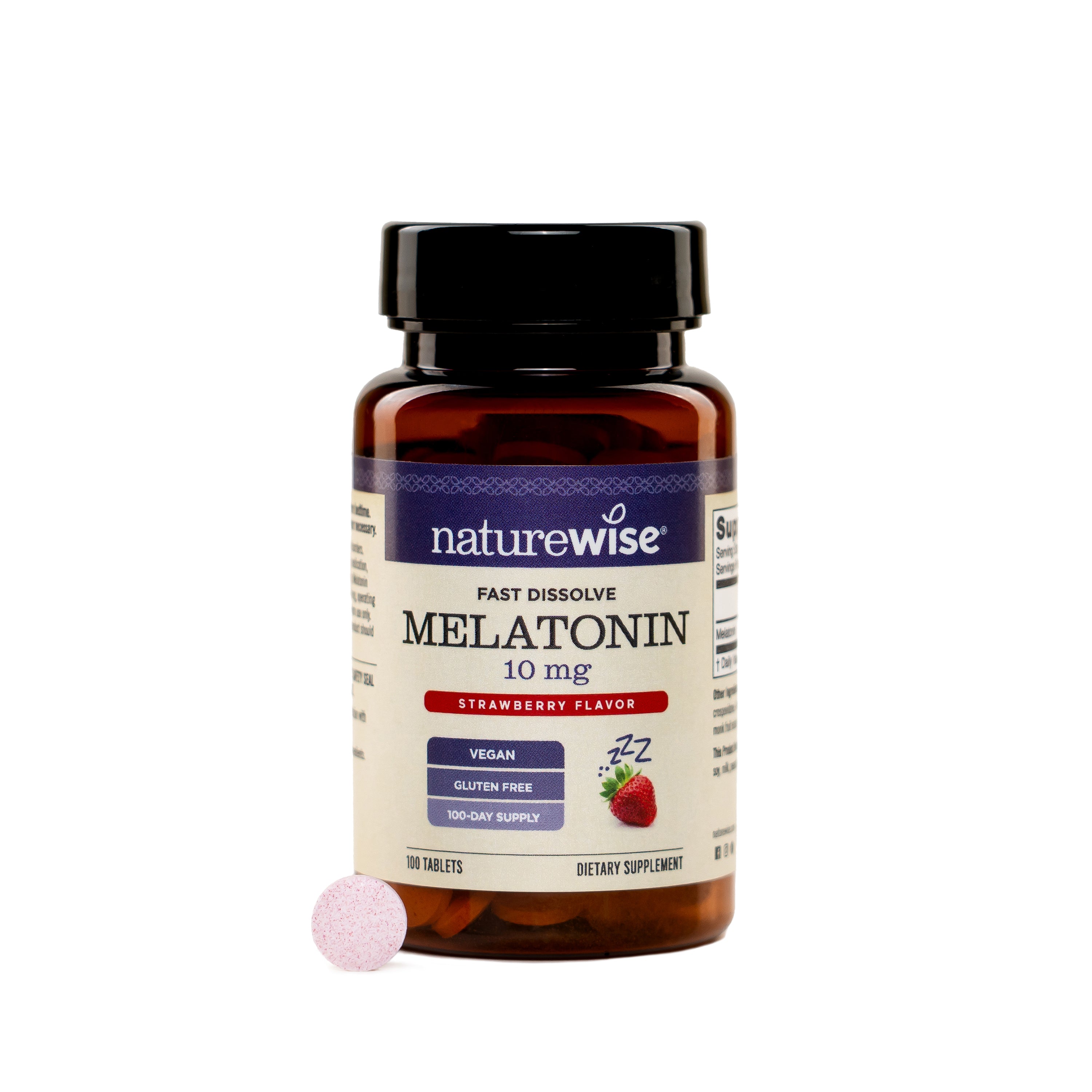 NatureWise Fast Dissolve Melatonin 10mg tablets in a 100 count bottle.