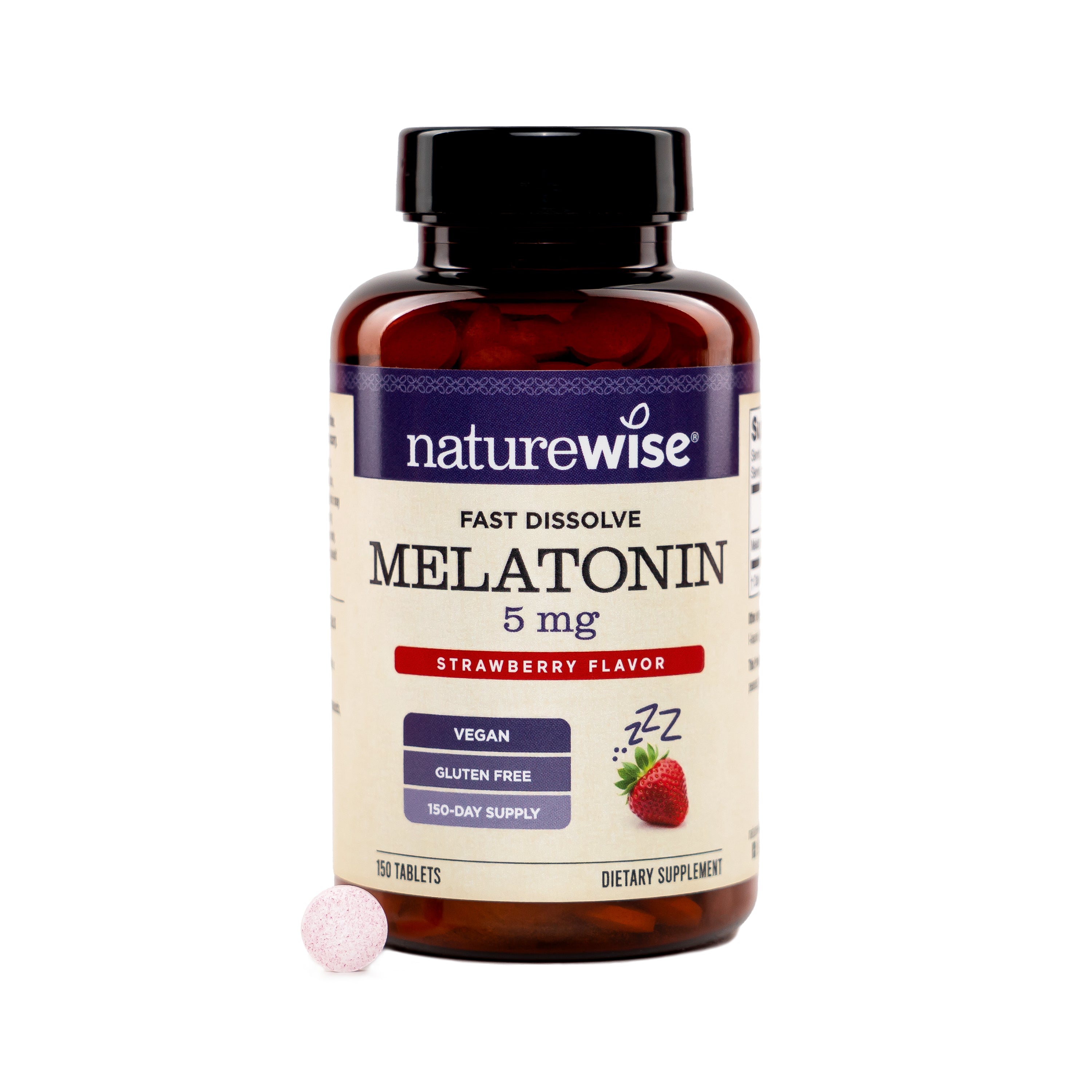Naturewise Melatonin supplement bottle melatonin 5mg with strawberry flavor on a white background