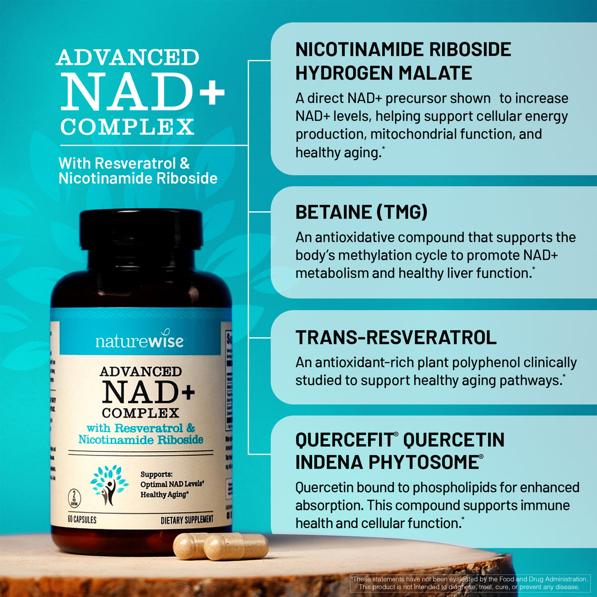 A bottle of Nature Wise Advanced NAD+ Complex dietary supplement with two capsules, set on a wooden slice with a light teal infographic background containing text callouts about ingredients and benefits.