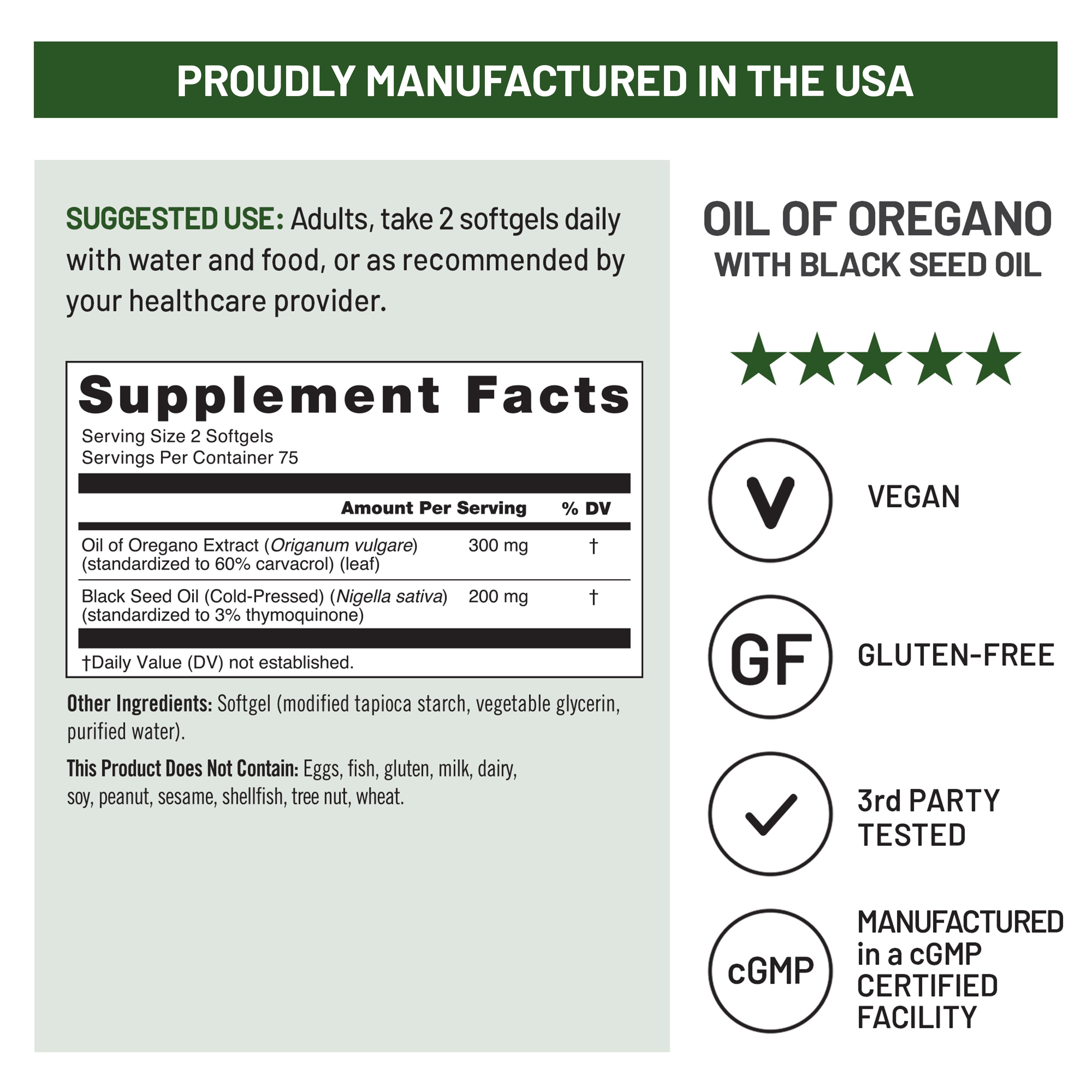NatureWise Oil of Oregano with Black Seed Oil supplement fact label
