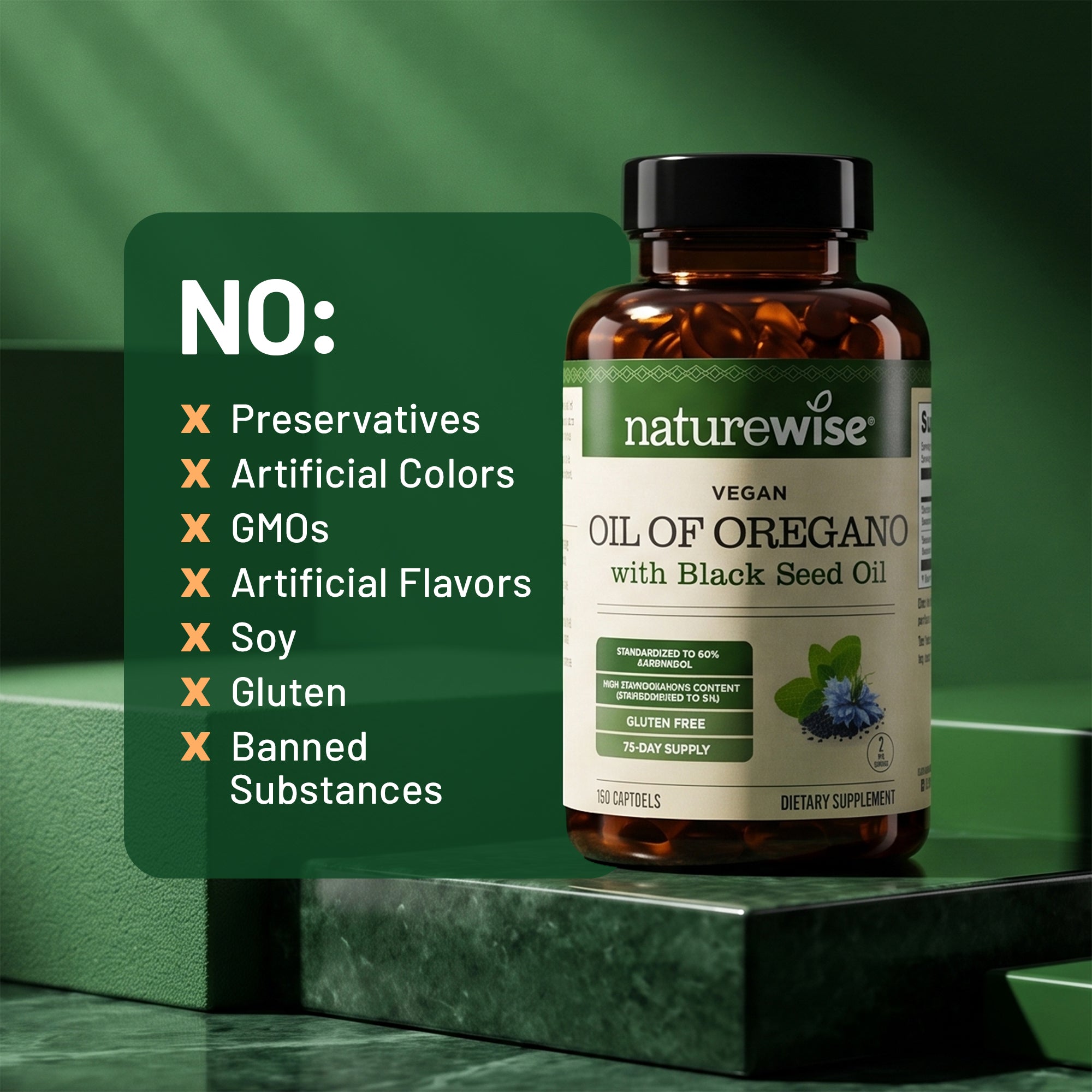 An amber supplement bottle of NatureWise Vegan Oil of Oregano with Black Seed Oil rests on a green marble surface against a dark green backdrop. A large green graphic text box on the left lists product exclusions, including "NO: Preservatives, Artificial Colors, GMOs, Artificial Flavors, Soy, Gluten, [and] Banned Substances."