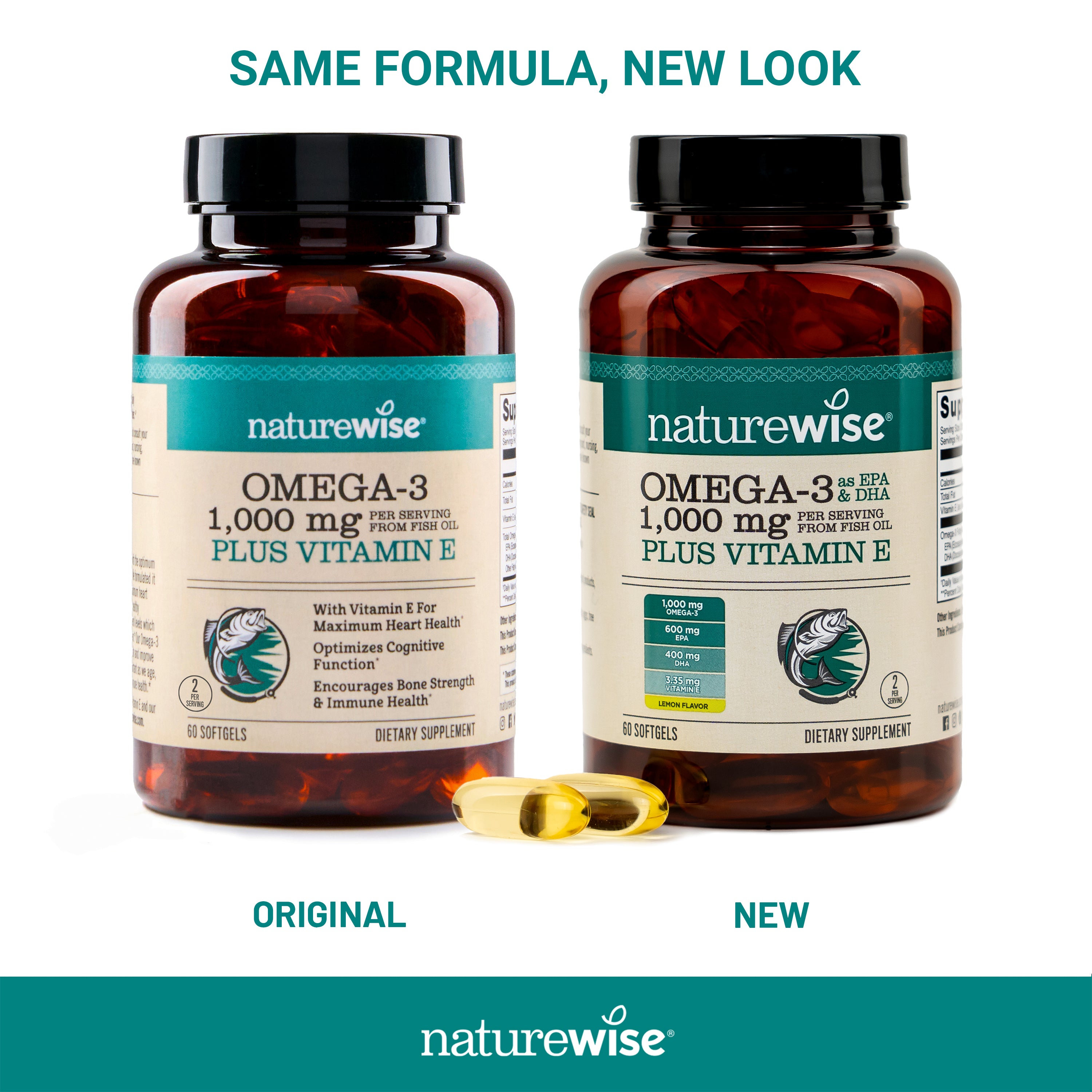 Transition from old to new label for NatureWise Omega-3 1000 mg plus Vitamin E supplement bottle