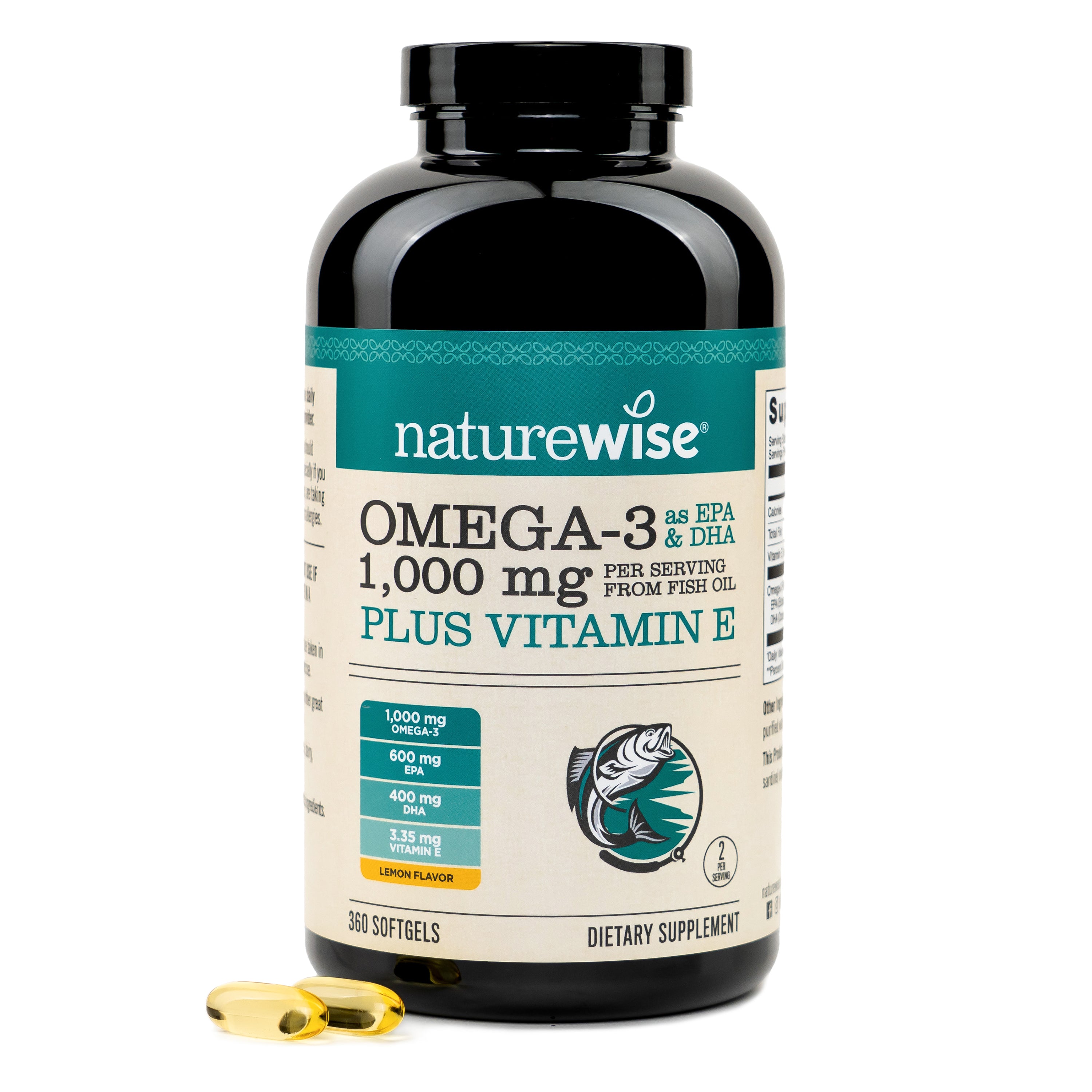 Naturewise Omega-3 plus Vitamin E 360 Count supplement bottle with two capsules on a white background