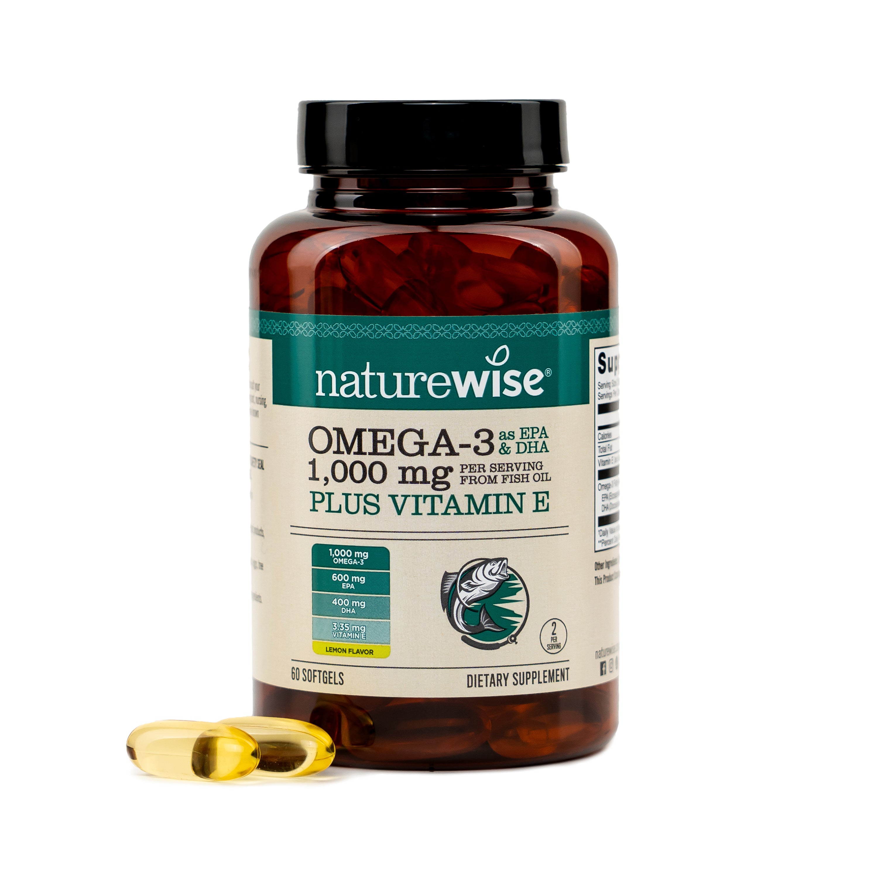 Naturewise Omega-3 1000 mg with Vitamin E 60 count supplement bottle with a 2 softgels on a white background
