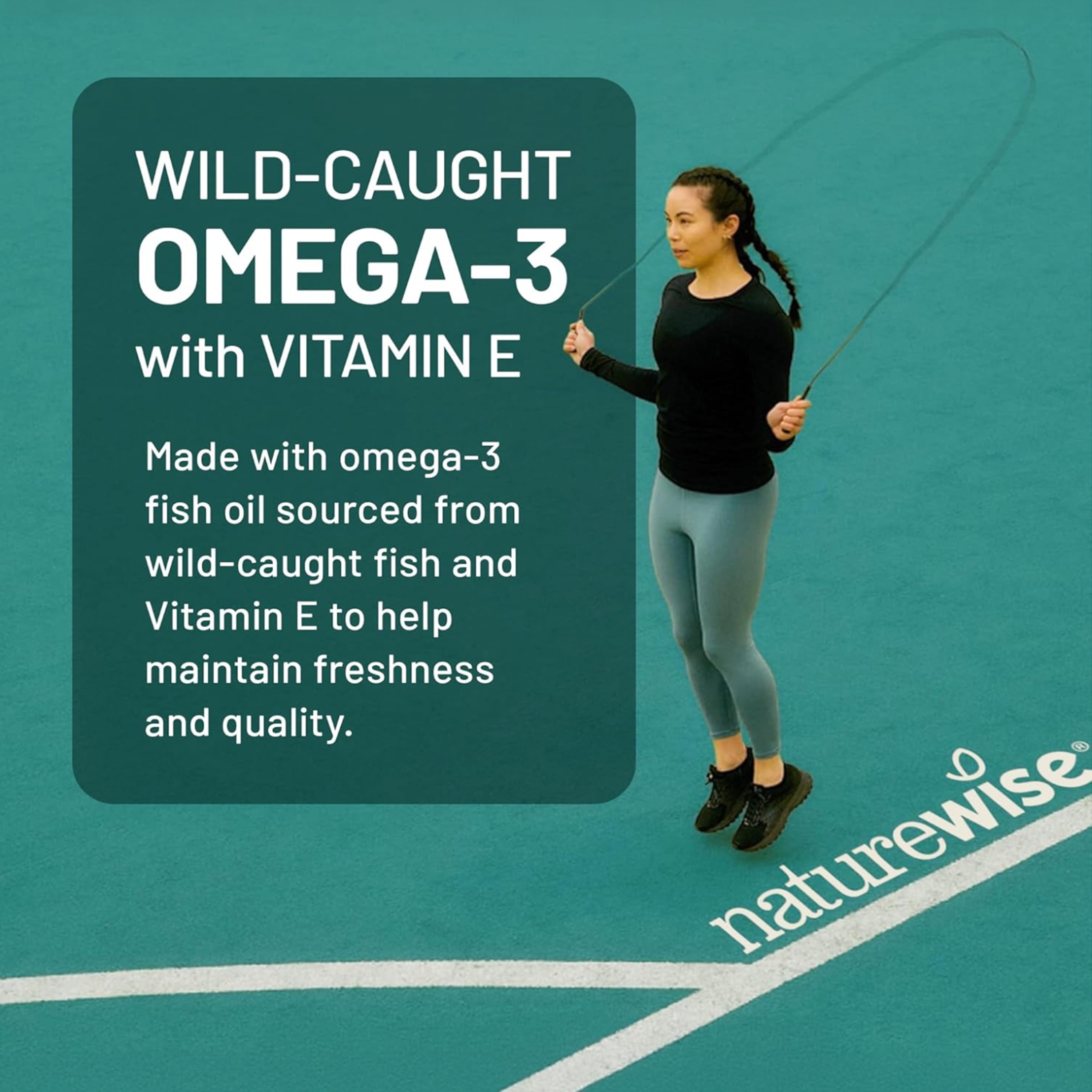 Person exercising with text about wild-caught omega-3 and vitamin E on a teal background, featuring the NatureWise brand.