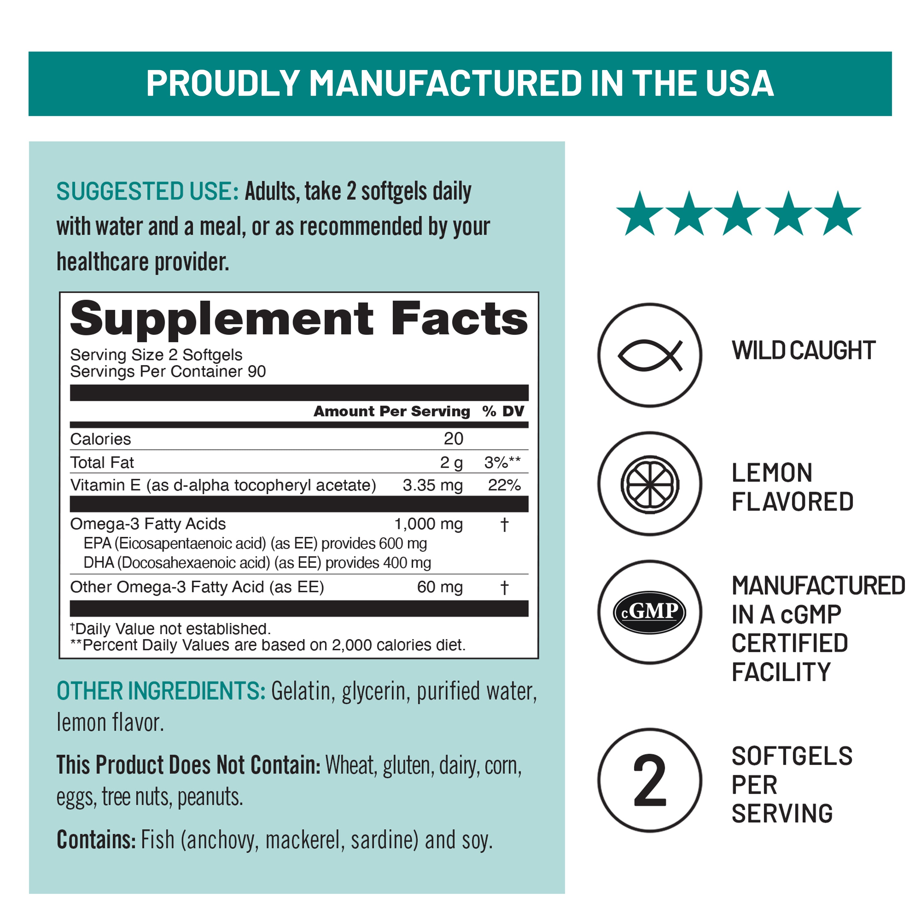 NatureWise Omega-3 1,000 mg plus Vitamin E 90 Count supplement label with facts and manufacturing details on a light blue background