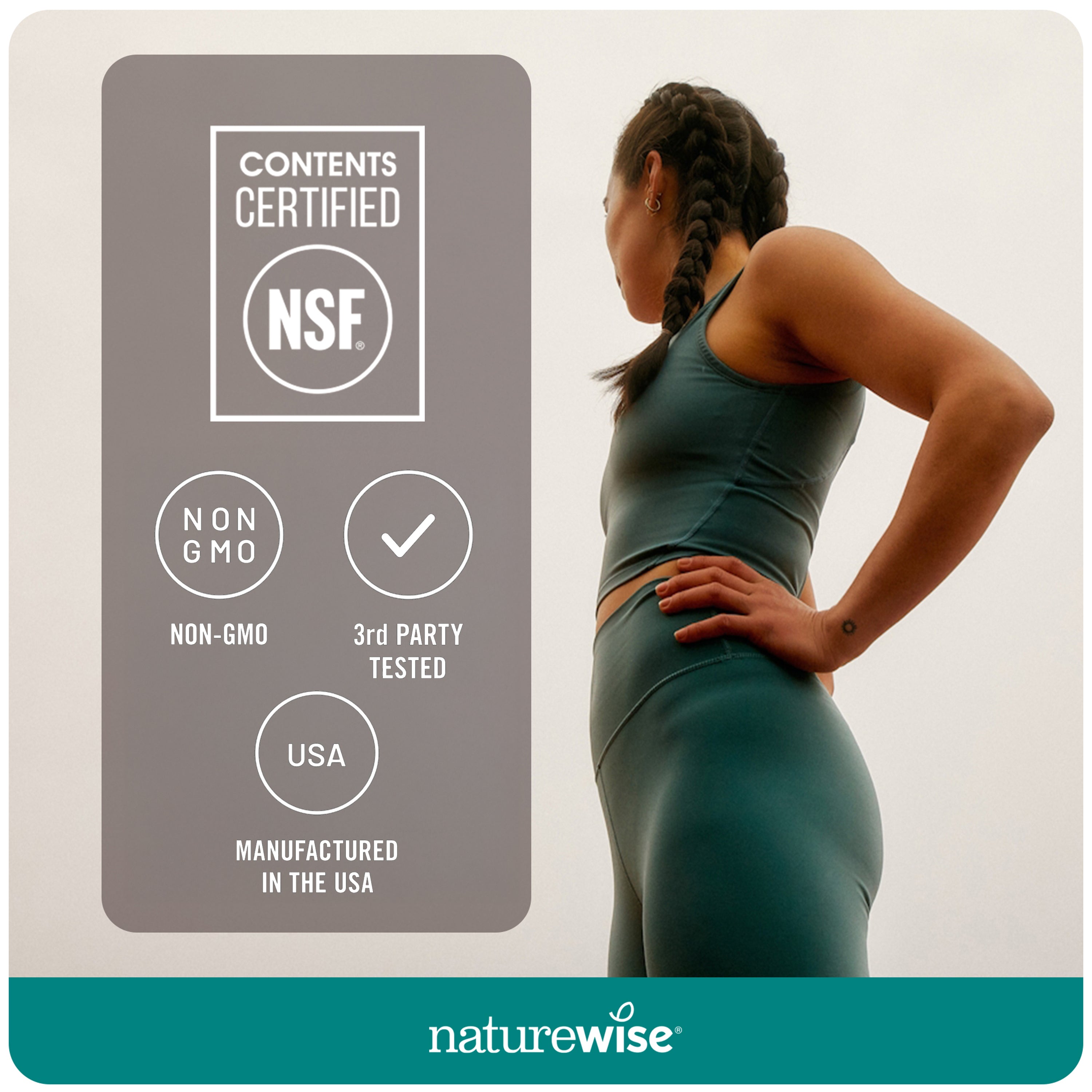 Woman in green athletic wear with NSF certification label, Non-GMO, 3rd-party tested, and manufactured in the USA on a light gray background