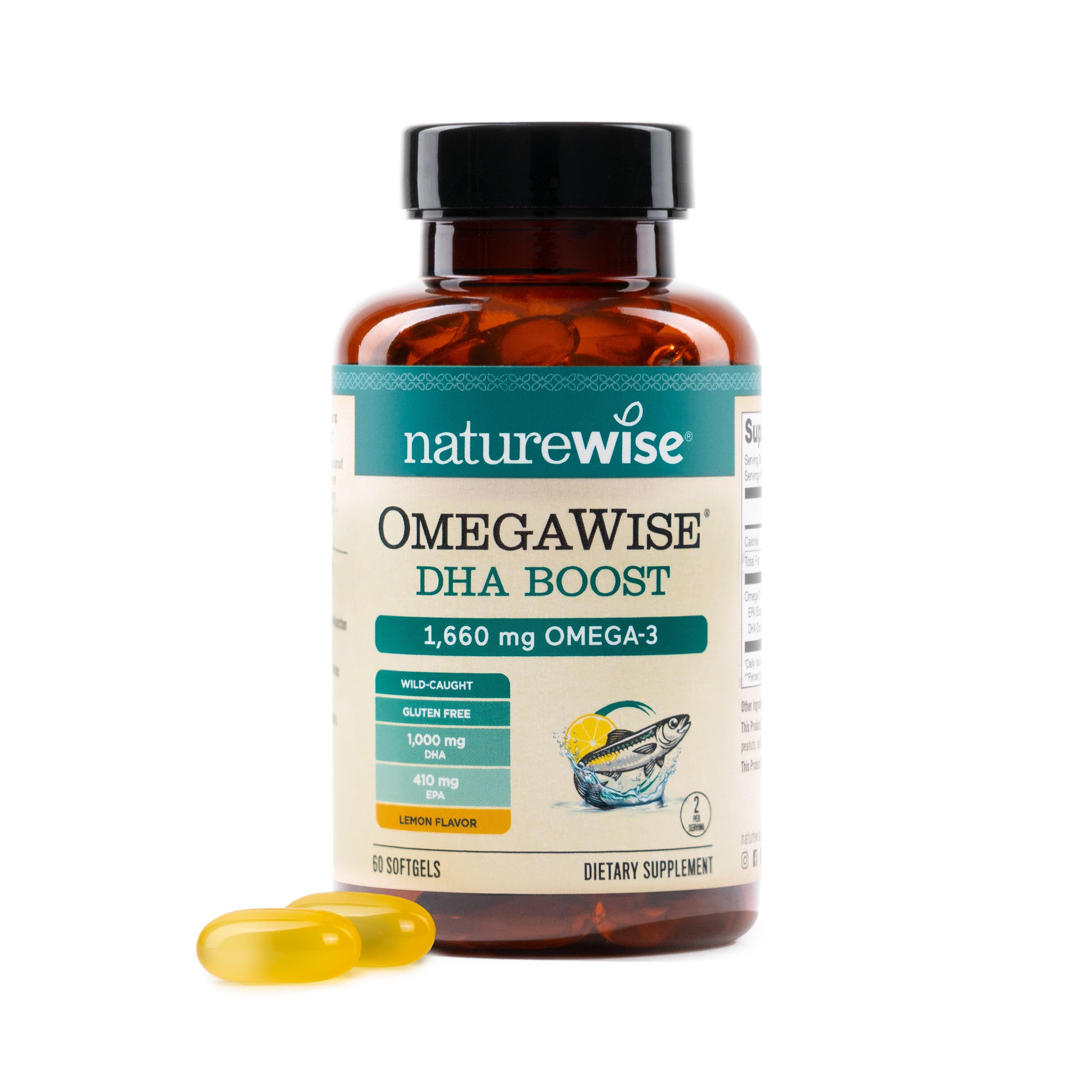 NatureWise OmegaWise DHA Boost dietary supplement bottle with three yellow softgel capsules in front, on a white background.