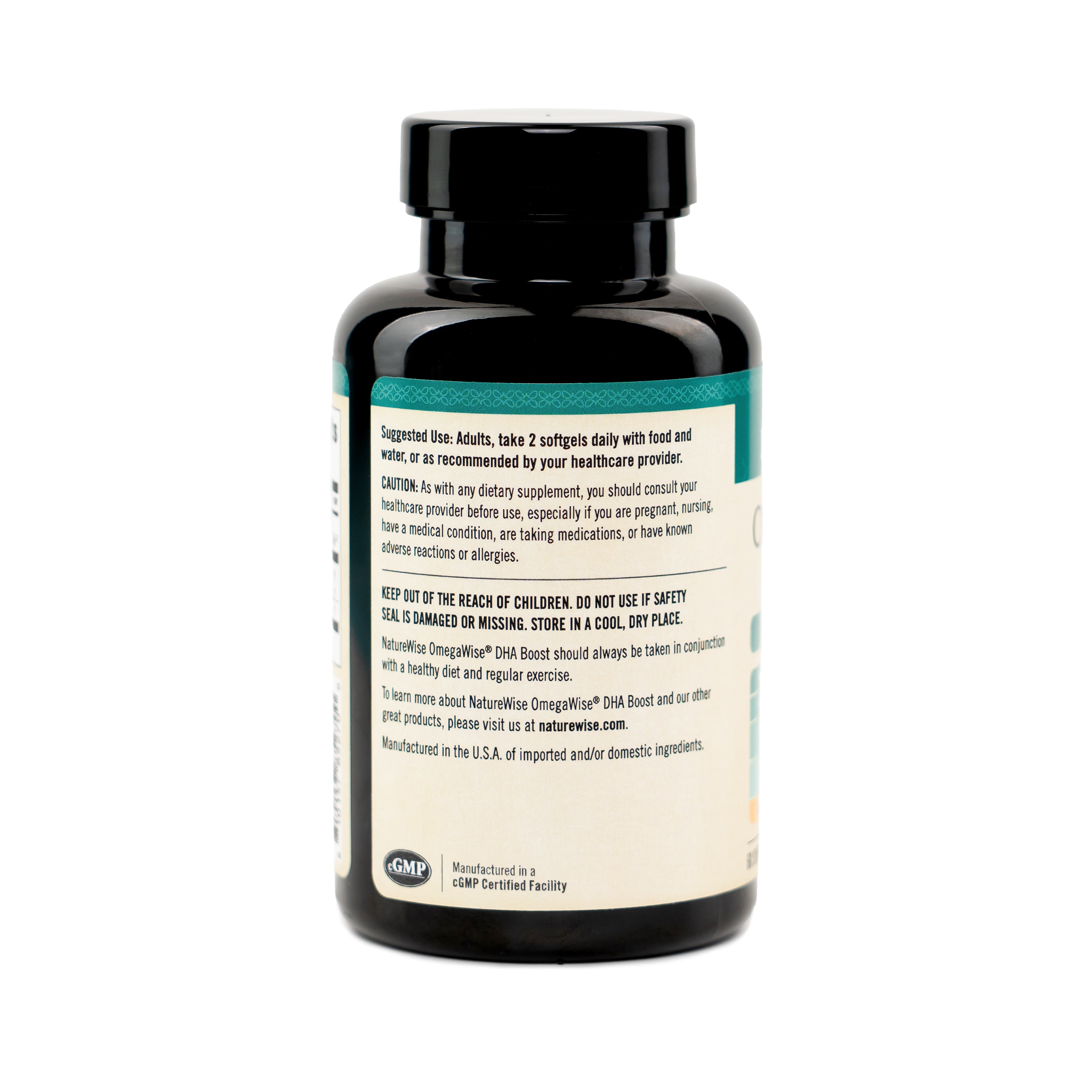 NatureWise OmegaWise DHA Boost with a black cap and a white label featuring teal accents, showing the back side of the label with suggested use text and the GMP logo.