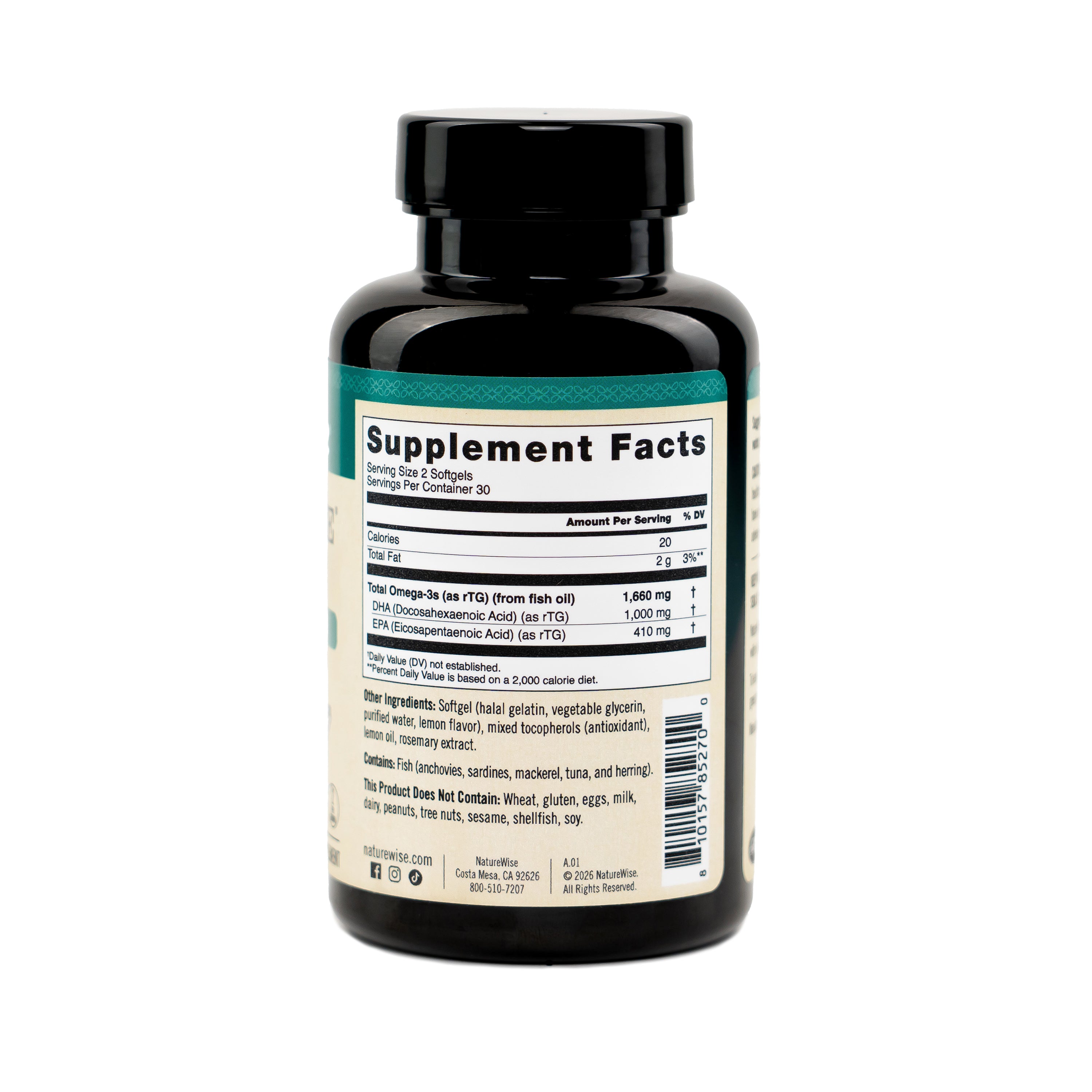 A black plastic bottle of NatureWise OmegaWise DHA Boost with a black cap, showing the back label with Supplement Facts information. The label has a teal header and white background.