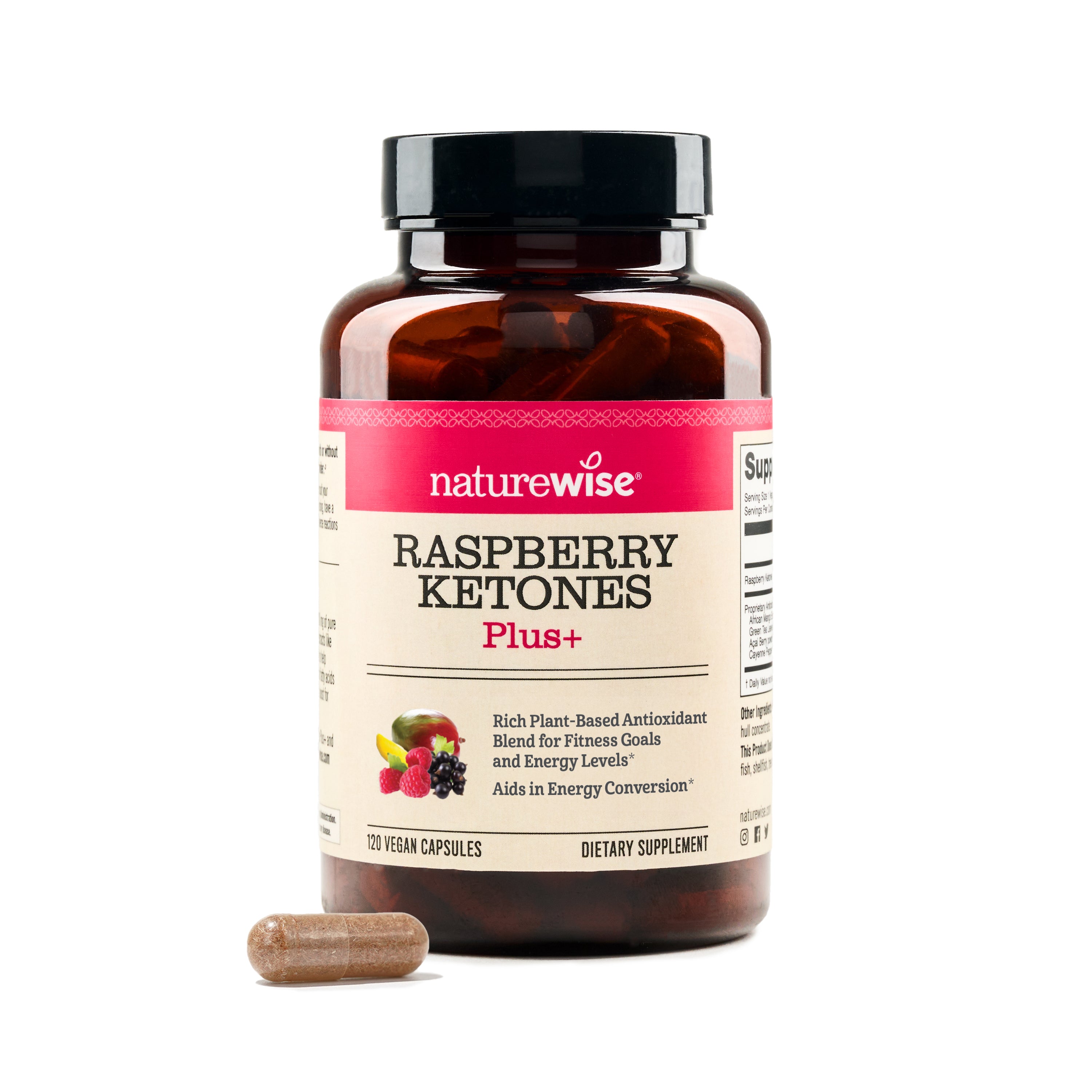 Naturewise Raspberry Ketones Plus supplement bottle on a white background