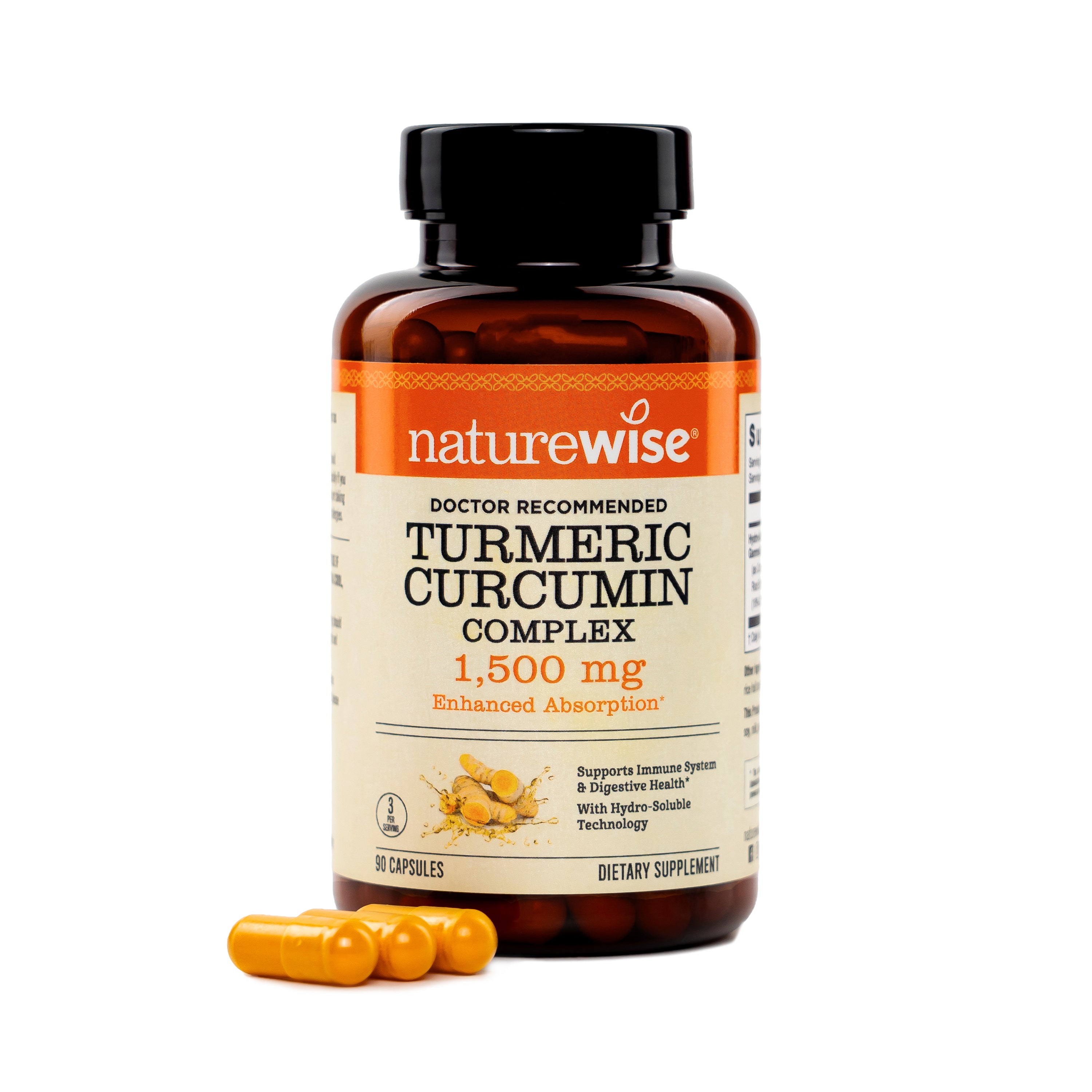 NatureWise Turmeric Curcumin Complex supplement bottle 1500mg 90 capsules with capsules on a white background