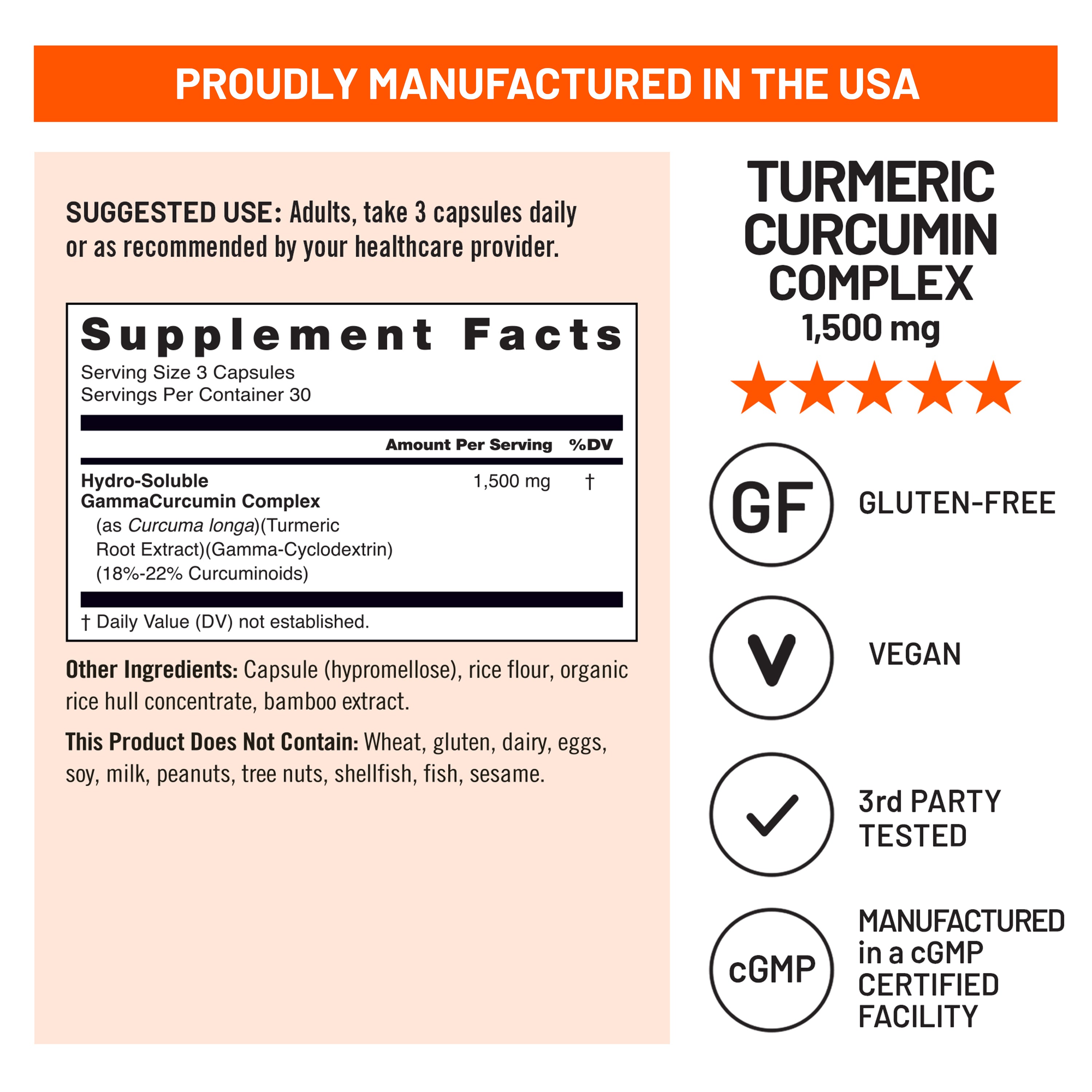 NatureWise Turmeric Curcumin Complex 1500mg supplement fact label gluten-free, vegan, 3rd-party tested with certification icons.