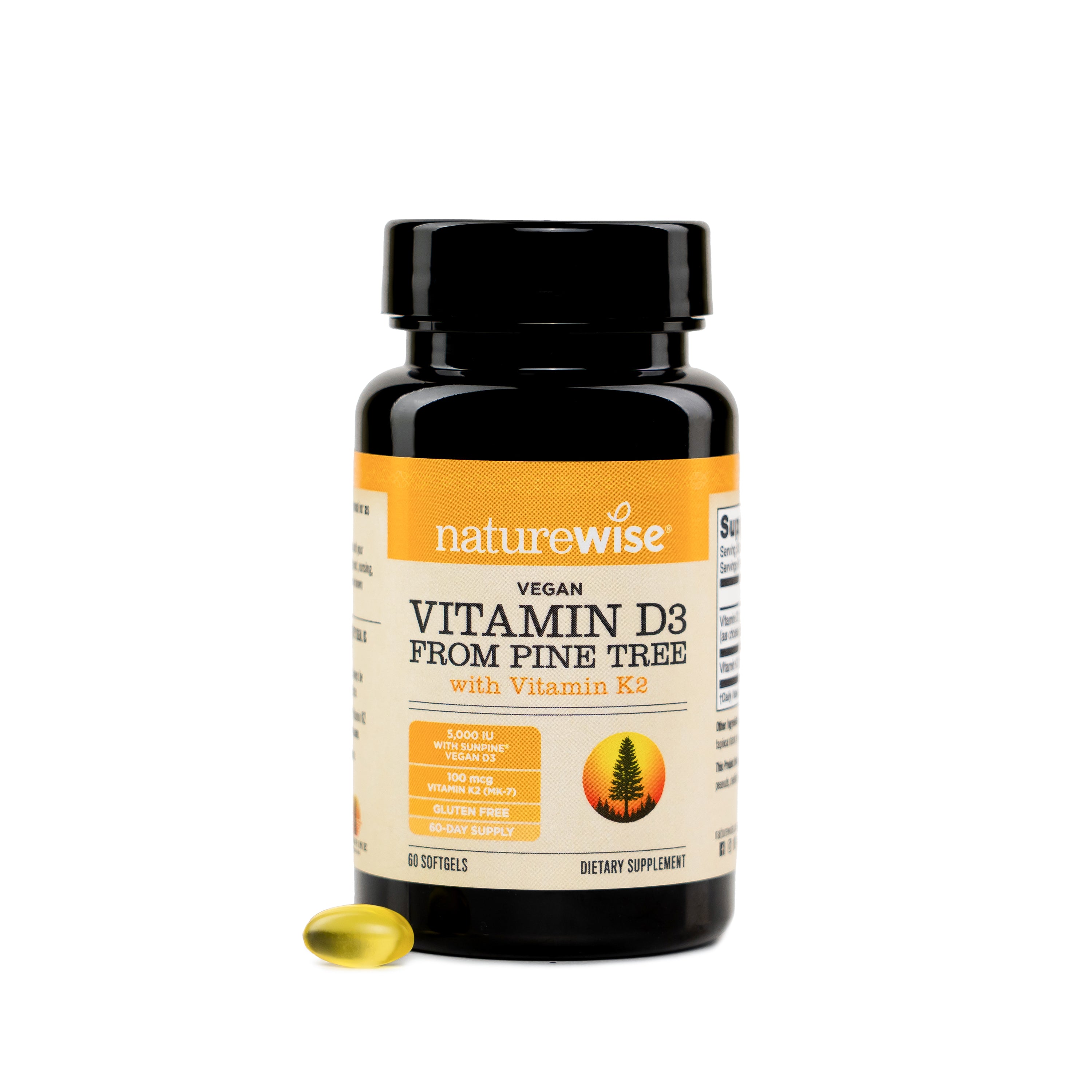 A bottle of Naturewise Vegan Vitamin D3 From Pine Tree with Vitamin K2 dietary supplement with a single yellow softgel capsule placed in front, on a clean white background.