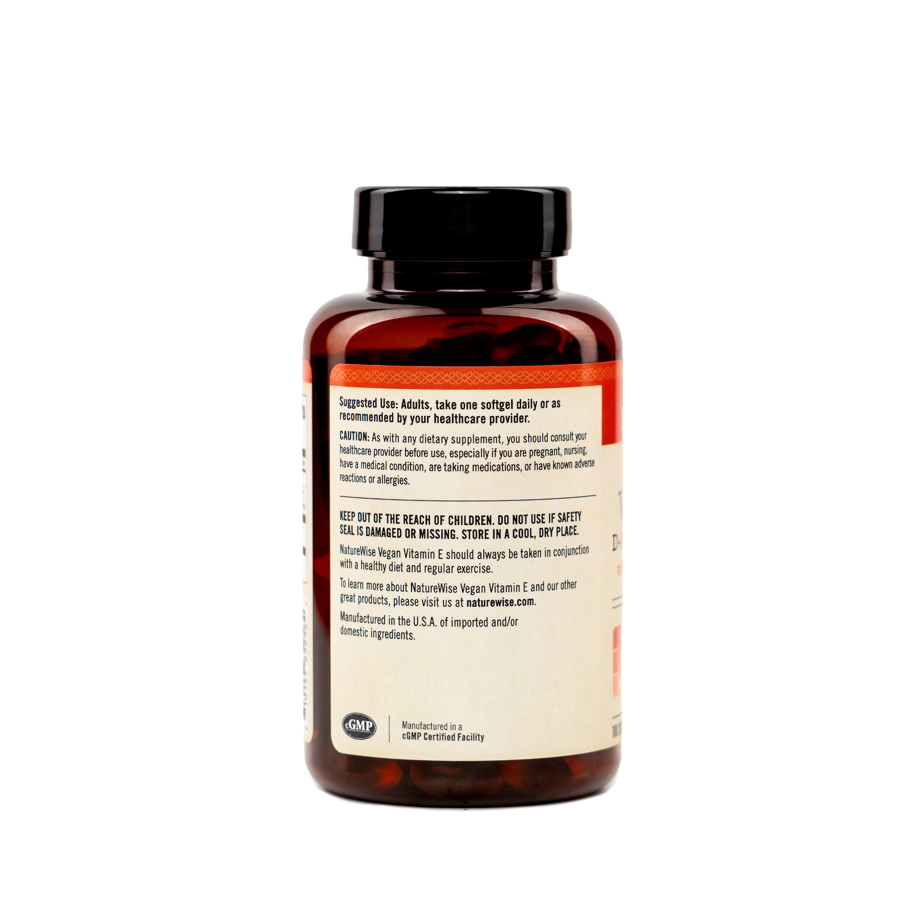 NatureWise Vegan Vitamin E D-Alpha Tocopherol supplement bottle suggested use label on a white background 