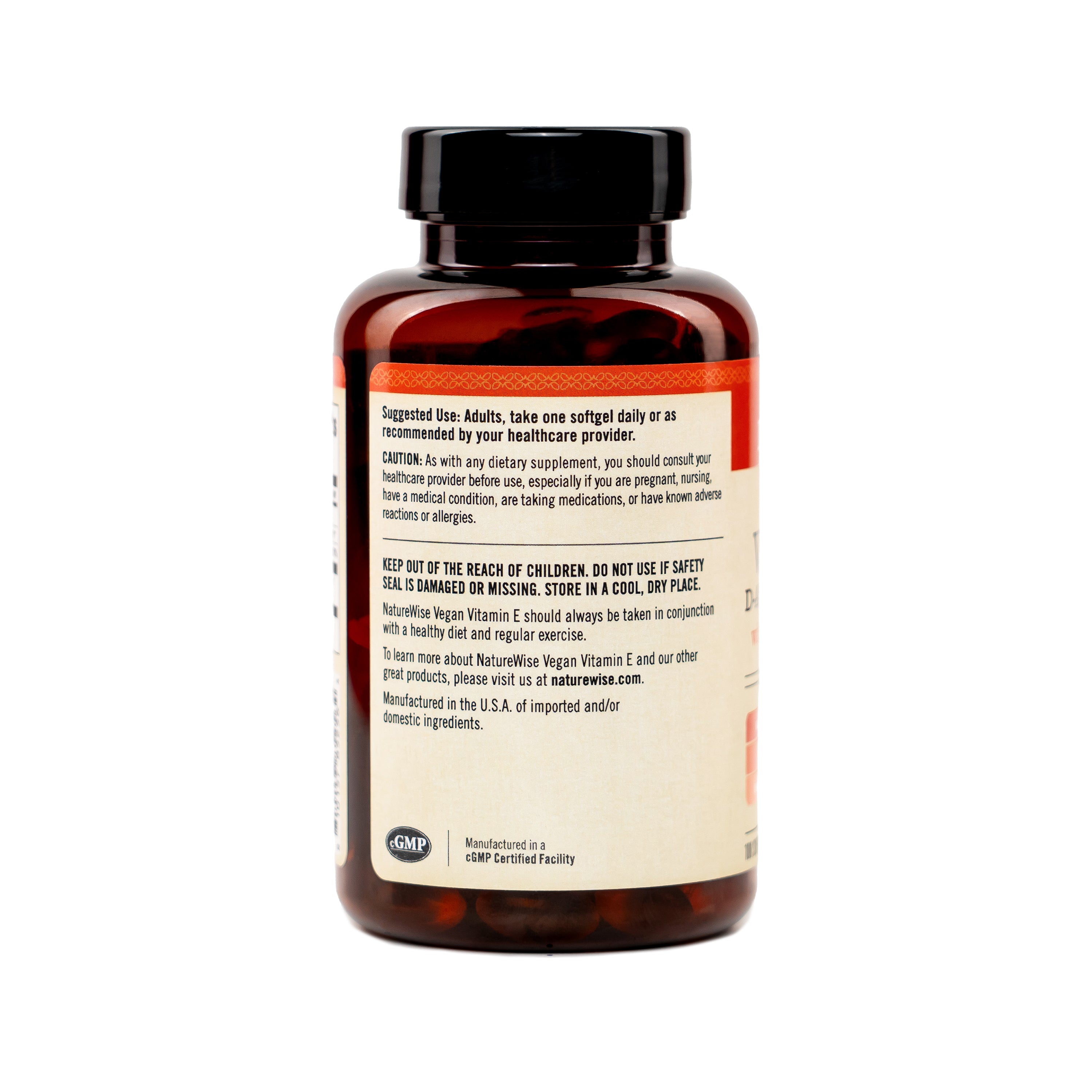 
NatureWise Vegan Vitamin E D-Alpha Tocopherol supplement bottle suggested use label on a white background 