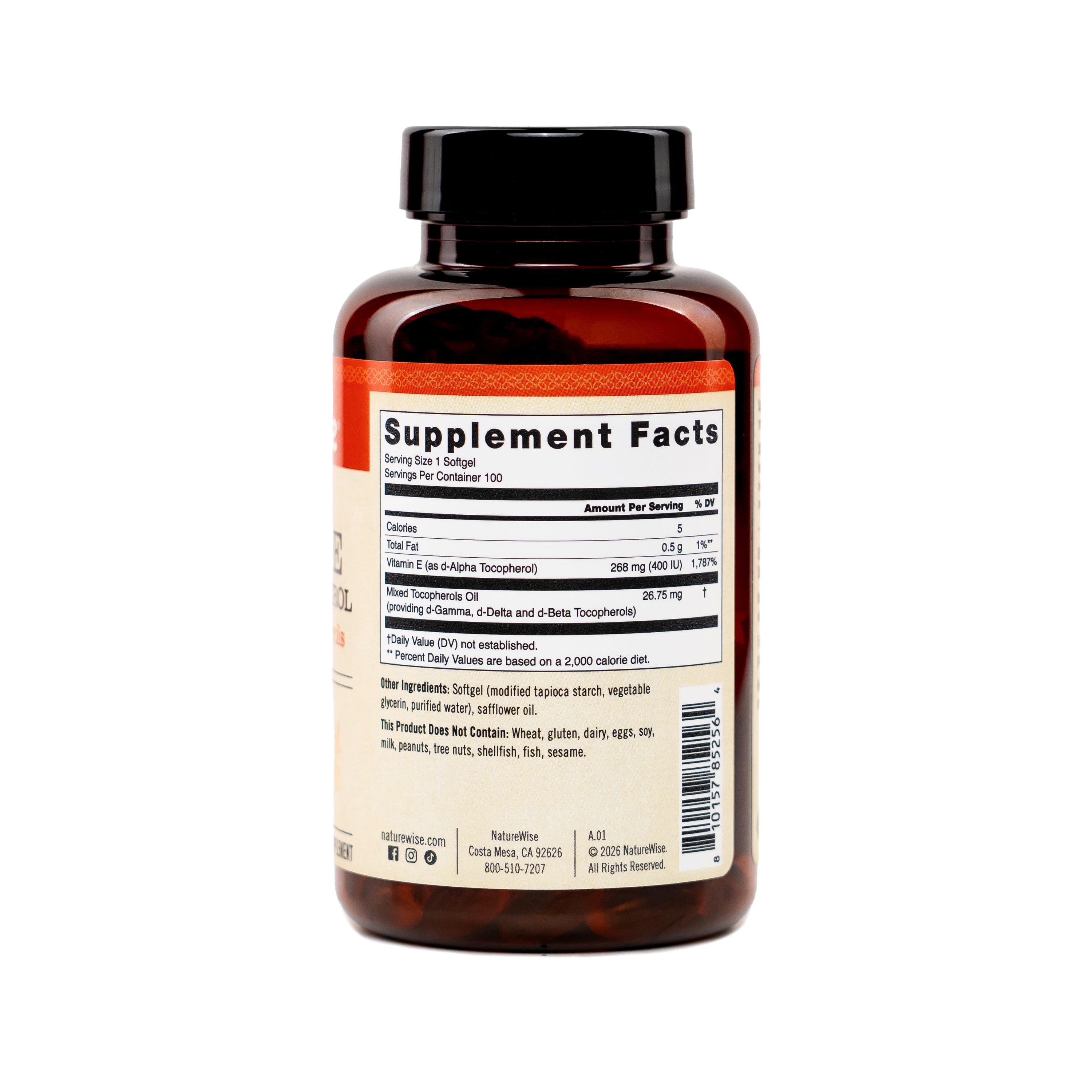 NatureWise Vegan Vitamin E D-Alpha Tocopherol supplement bottle with supplement fact label against a white background