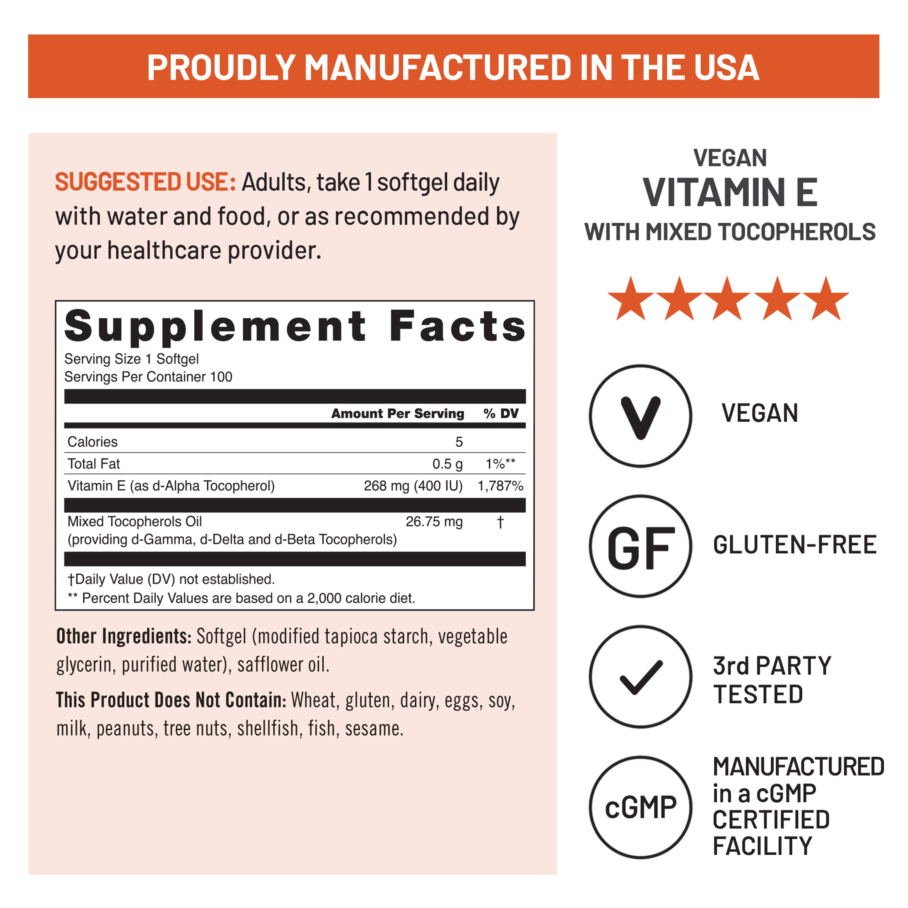 NatureWise Vegan Vitamin E D-Alpha Tocopherol with Mixed Tocopherols supplement fact label