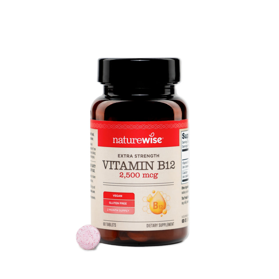Naturewise Vitamin B12 2500mcg supplement bottle with a pink tablet on a white background