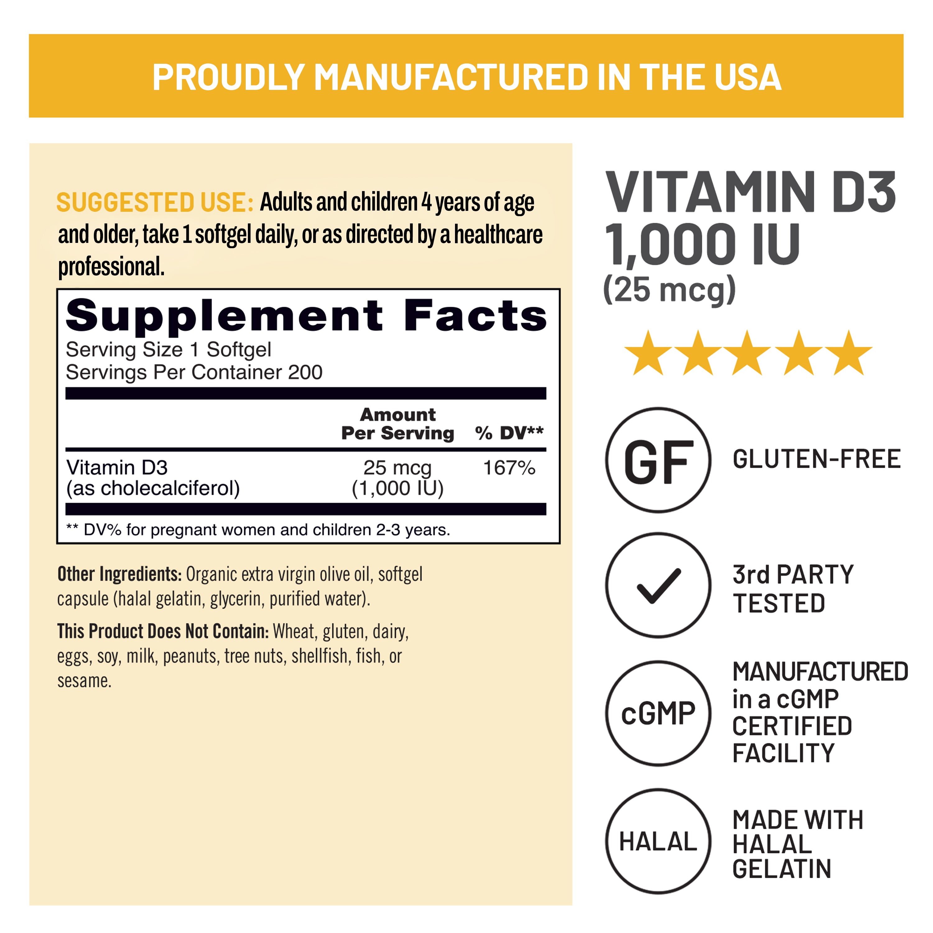 A supplement facts and feature panel for NatureWise Vitamin D3 1,000 IU softgel capsules 200 Count. The graphic includes a labeled supplement facts box, usage suggestions, ingredient notes, certification badges such as gluten-free, third party tested, cGMP, and halal, and a row of gold stars.