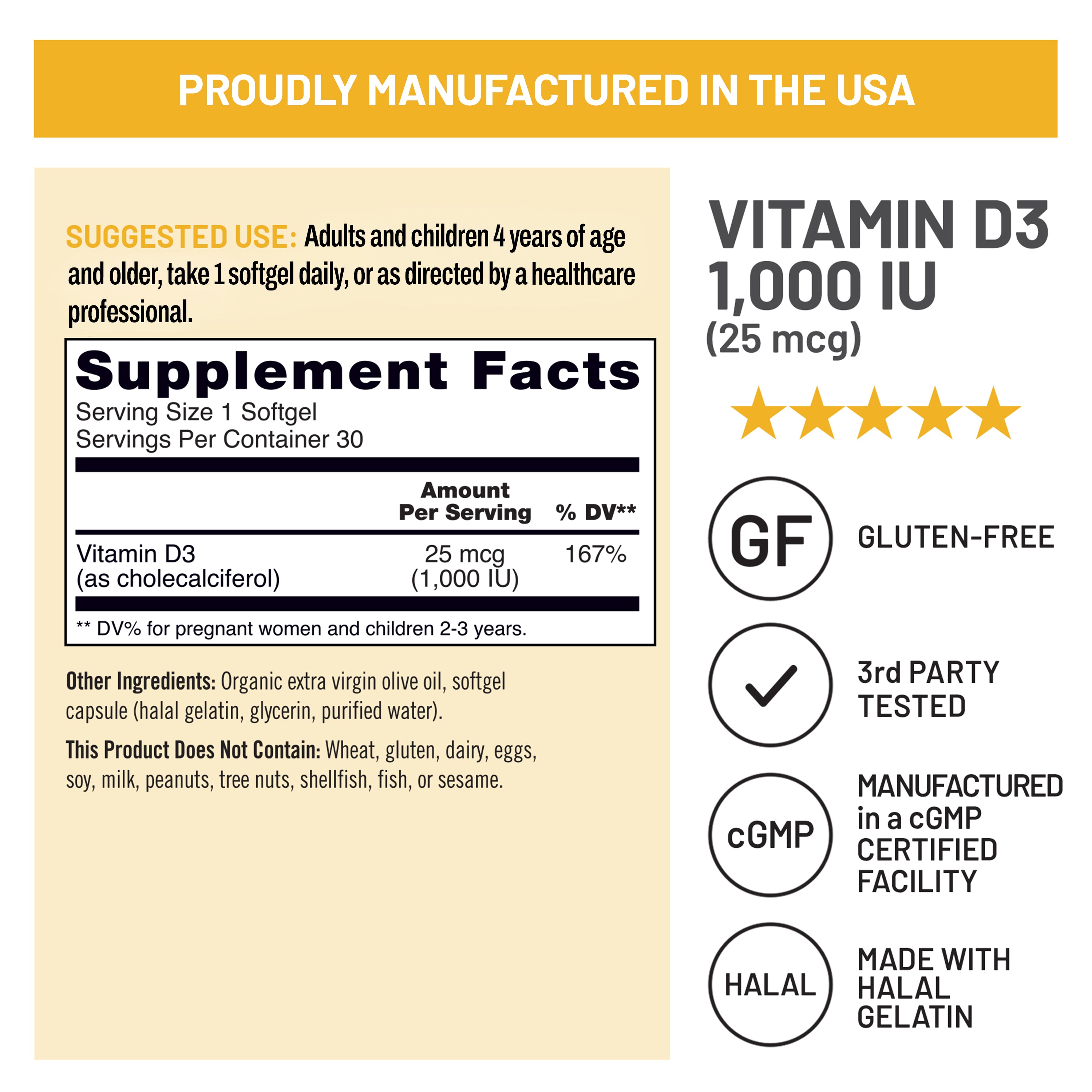 A supplement facts and feature panel for NatureWise Vitamin D3 1,000 IU softgel capsules 30 Count. The graphic includes a labeled supplement facts box, usage suggestions, ingredient notes, certification badges such as gluten-free, third party tested, cGMP, and halal, and a row of gold stars.