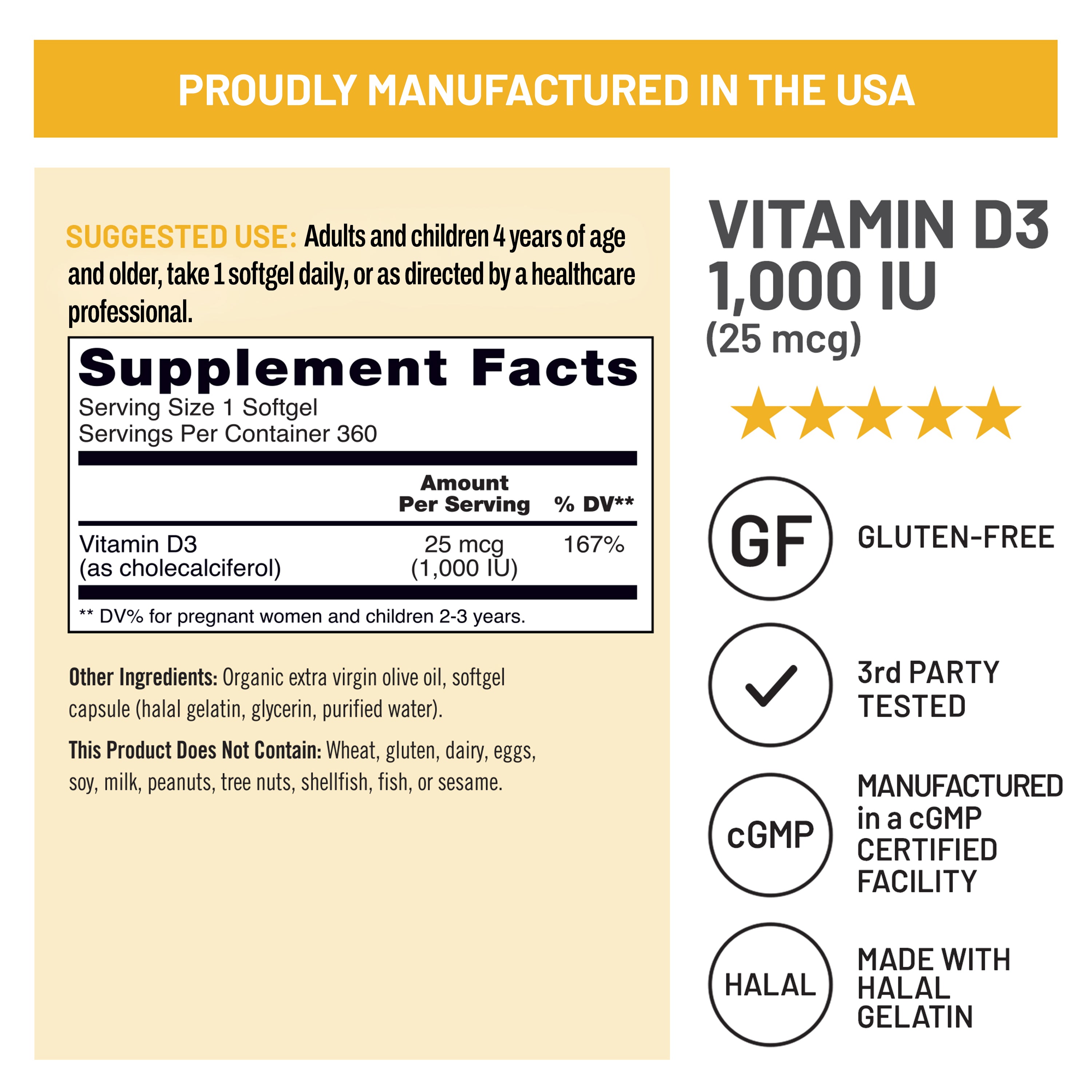 A supplement facts and feature panel for NatureWise Vitamin D3 1,000 IU softgel capsules 360 Count. The graphic includes a labeled supplement facts box, usage suggestions, ingredient notes, certification badges such as gluten-free, third party tested, cGMP, and halal, and a row of gold stars.
