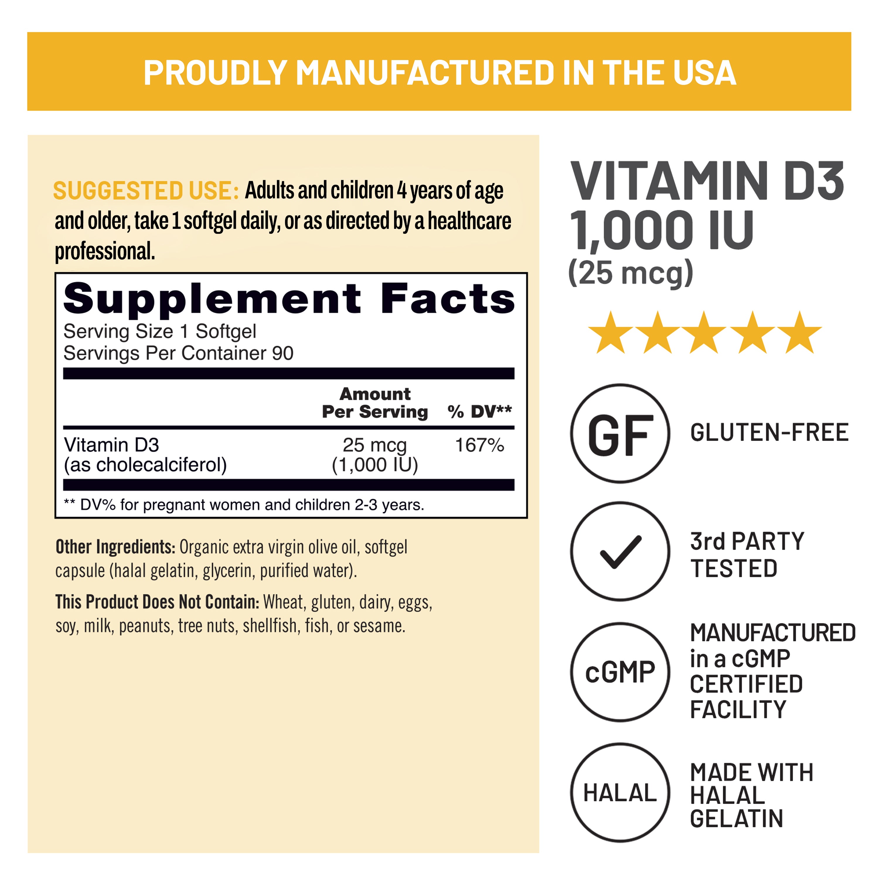 A supplement facts and feature panel for NatureWise Vitamin D3 1,000 IU softgel capsules 90 Count. The graphic includes a labeled supplement facts box, usage suggestions, ingredient notes, certification badges such as gluten-free, third party tested, cGMP, and halal, and a row of gold stars.