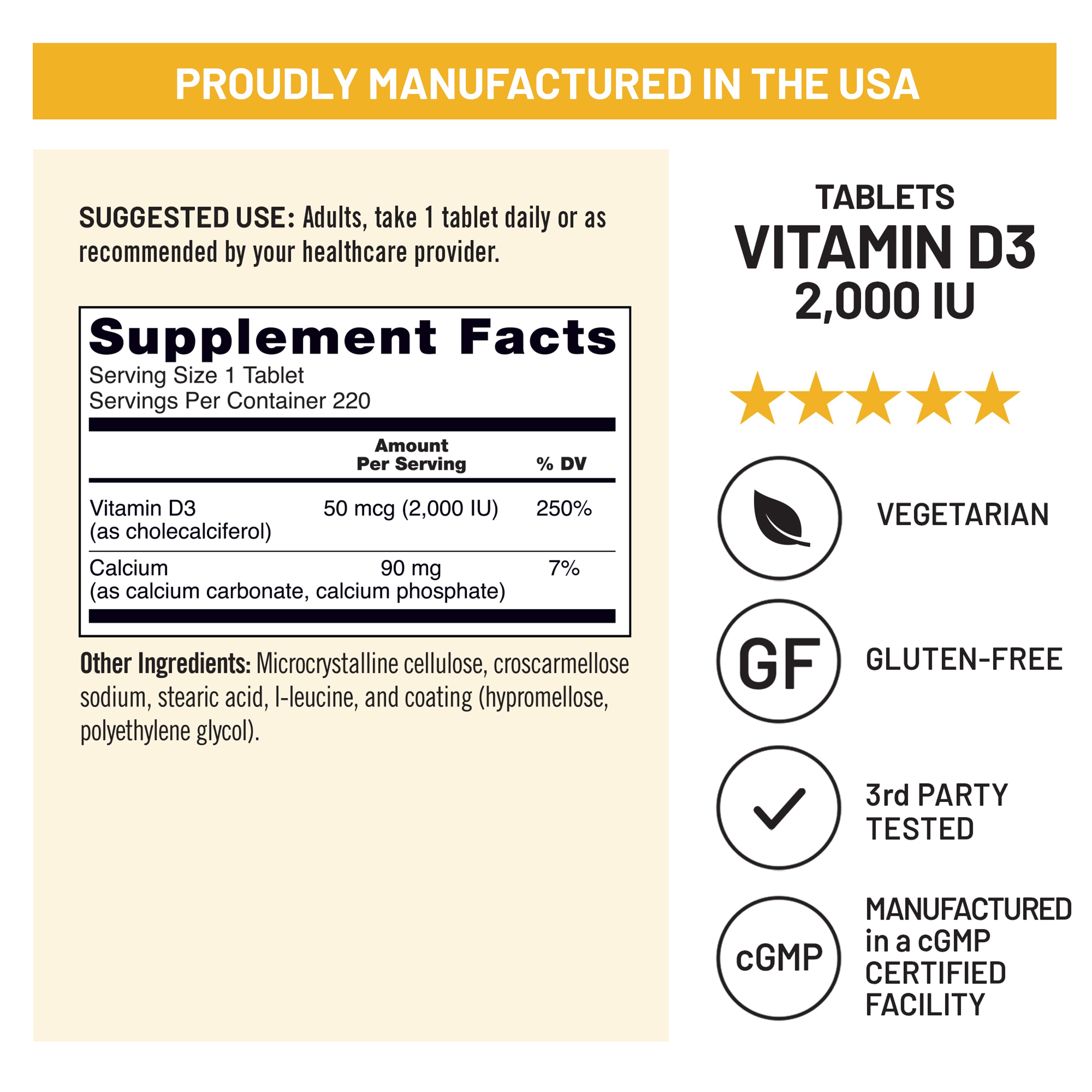 Supplement label for NatureWise Vitamin D3 2000IU tablets supplement with manufacturing details and dietary information.