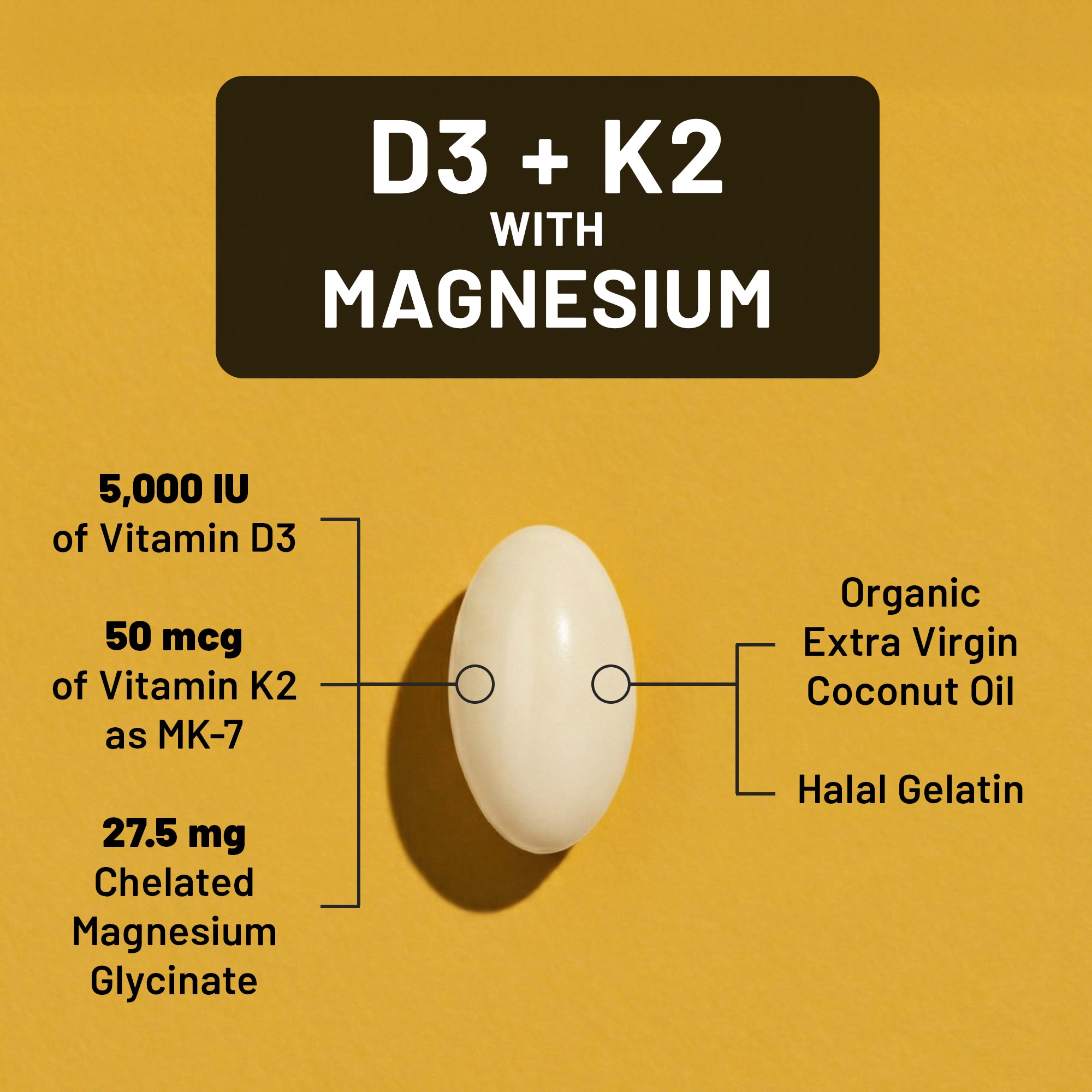 NatureWise Vitamin D3 K2 with Magnesium supplement softgel on a yellow background with ingredients