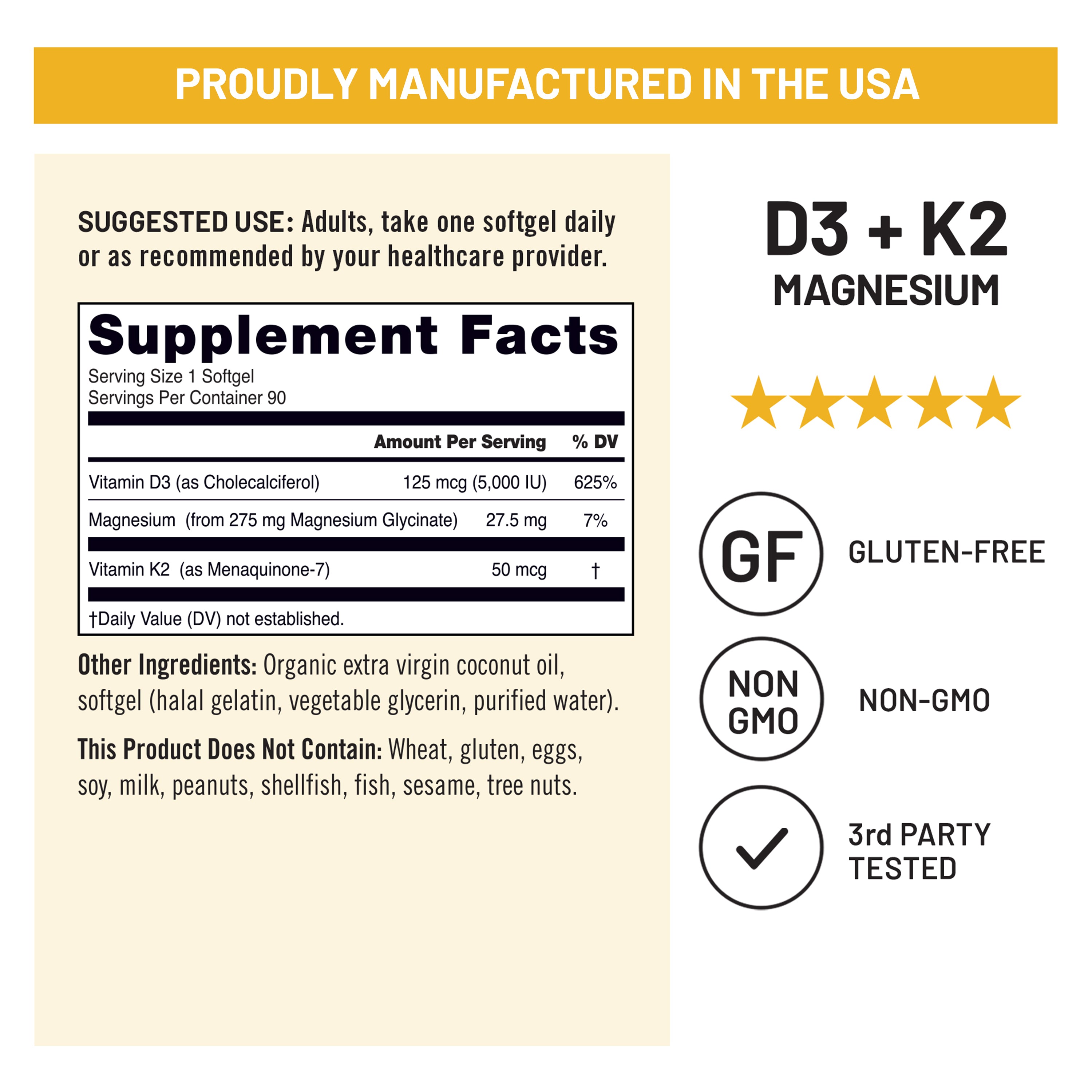 NatureWise Supplement label for Vitamin D3 K2 Magnesium supplement, gluten-free, non-GMO, and third-party tested information.