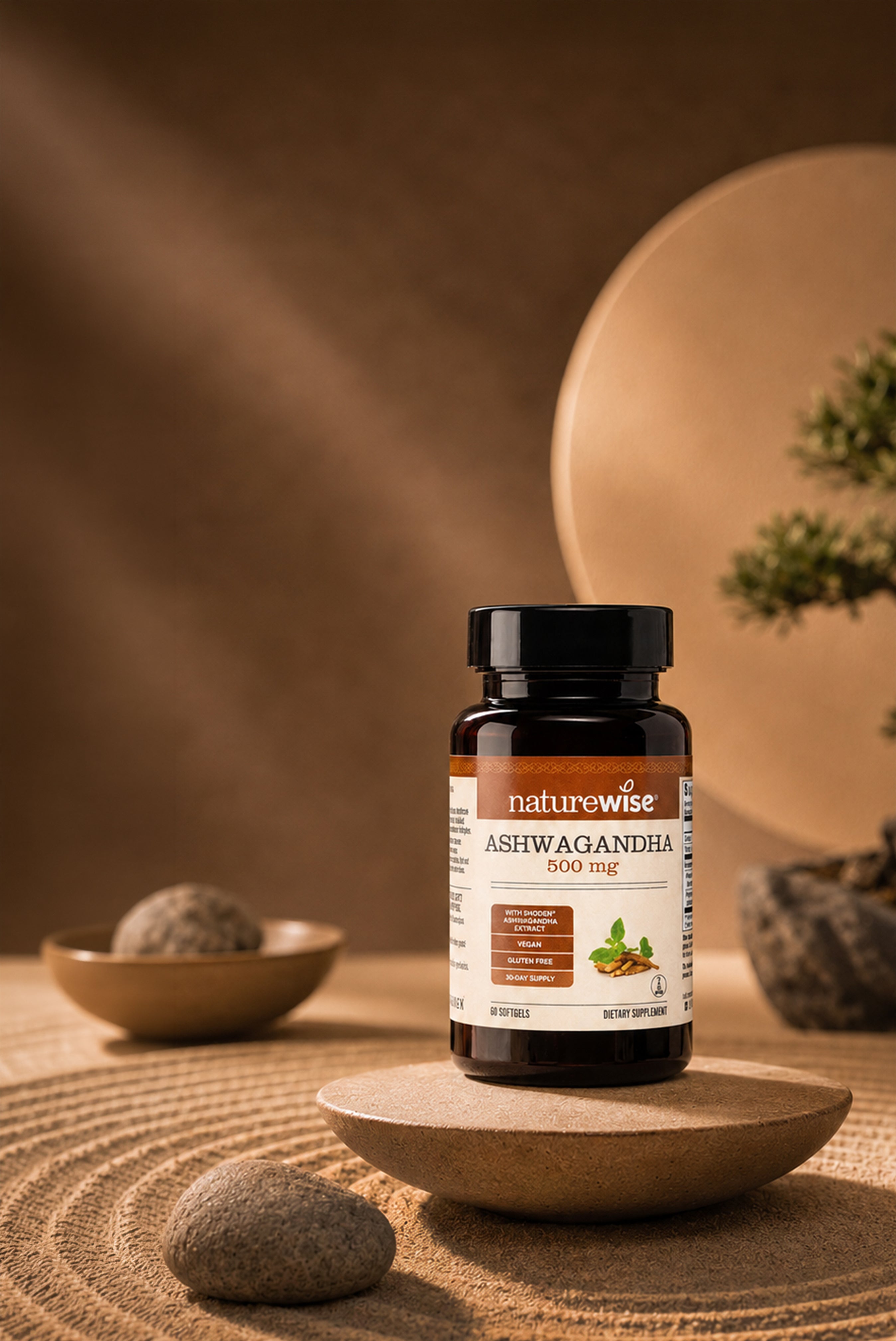 A bottle of naturwise Ashwagandha 500 mg dietary supplement, placed on a small wooden dish on a textured beige surface with zen stones and a minimalist background.
